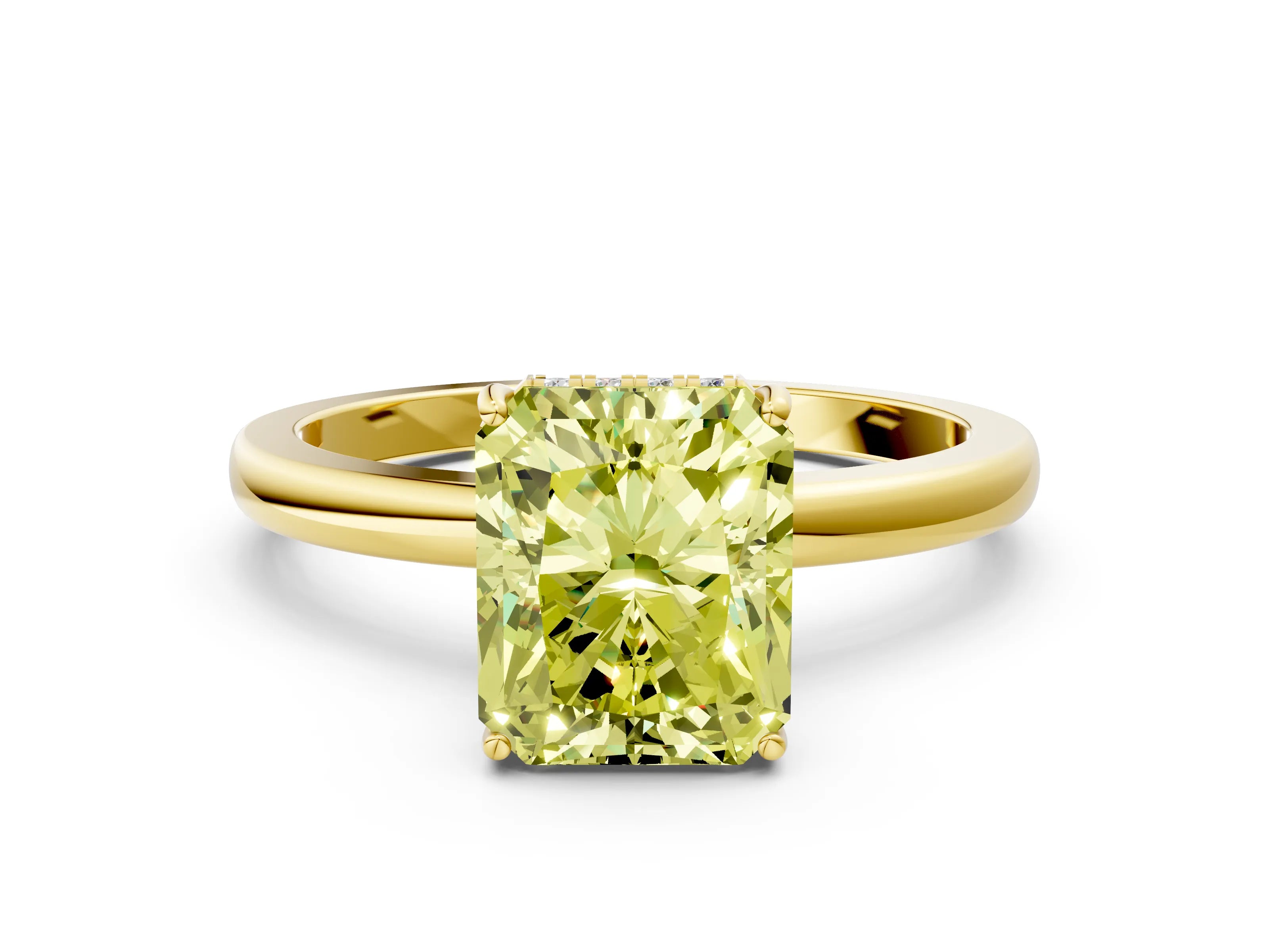Yellow gold Fancy Yellow Radiant Cut Solitaire Diamond Ring with Prong Setting and Plain Band