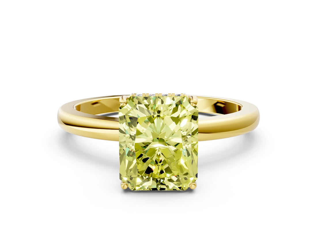 Yellow gold Fancy Yellow Radiant Cut Solitaire Diamond Ring with Prong Setting and Plain Band