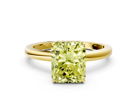 Yellow gold Fancy Yellow Radiant Cut Solitaire Diamond Ring with Prong Setting and Plain Band