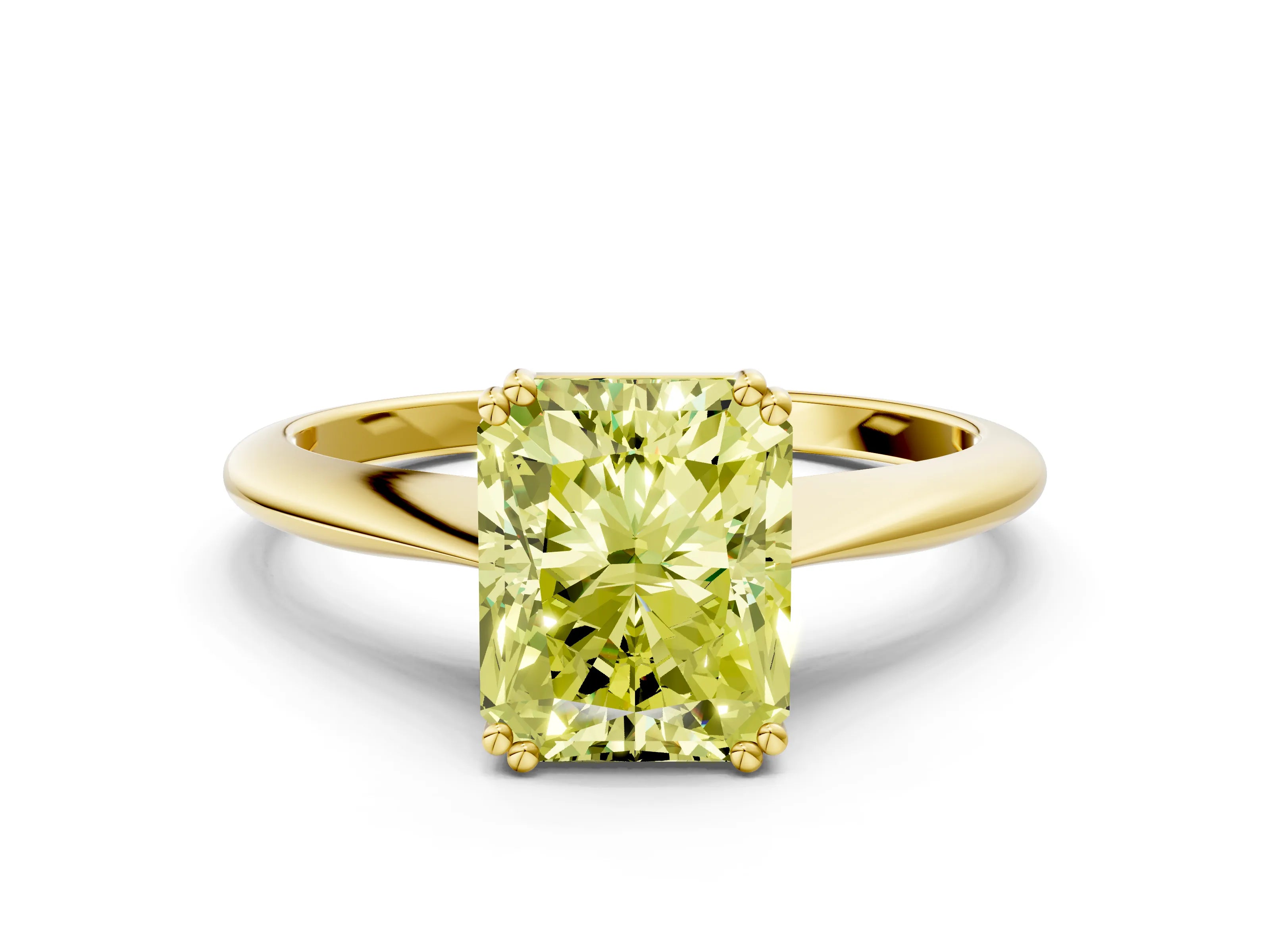 Yellow gold Fancy Yellow Radiant Cut Solitaire Diamond Ring with Six-Prong Setting and Classic Band