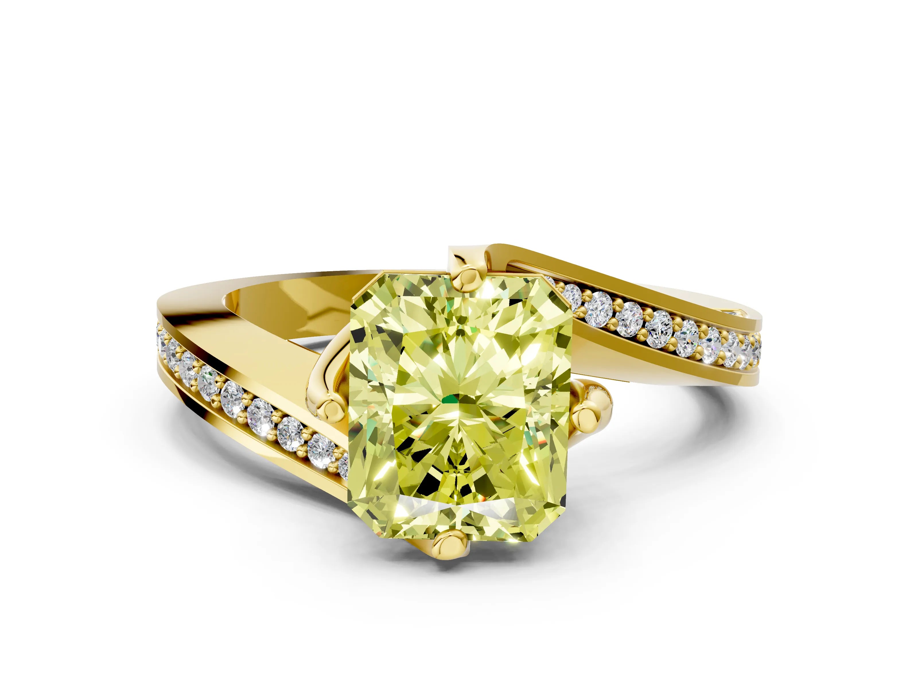 Yellow gold Fancy Yellow Radiant Cut Solitaire Diamond Twist Band with Pavé Setting and Four-Prong Setting