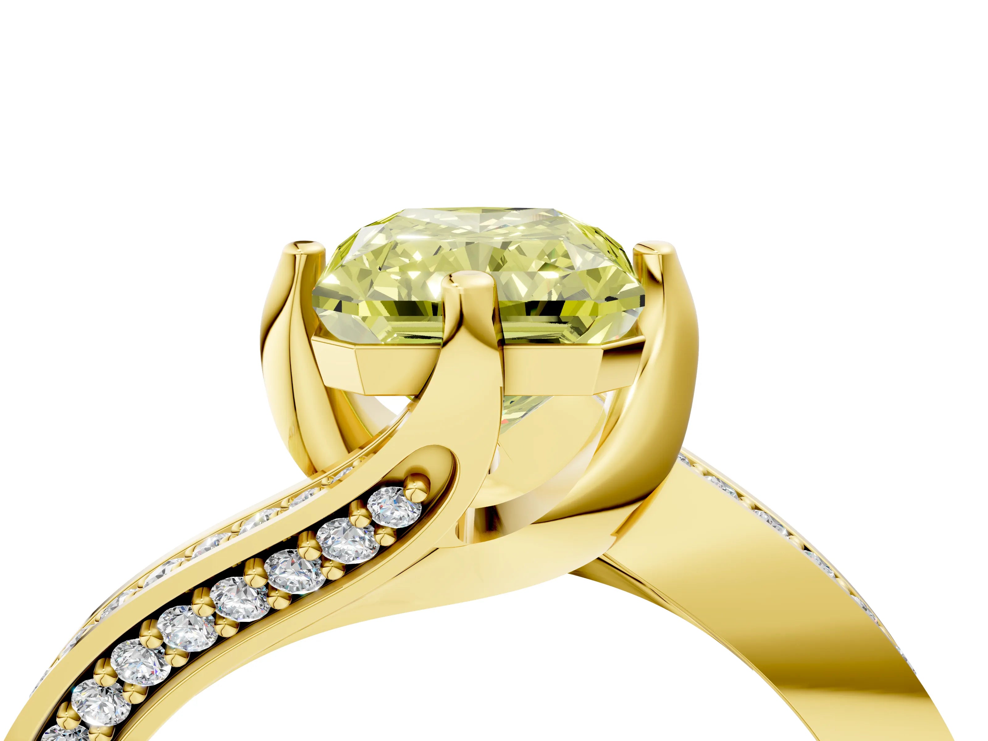 Yellow gold Fancy Yellow Radiant Cut Solitaire Diamond Twist Band with Pavé Setting and Four-Prong Setting_4