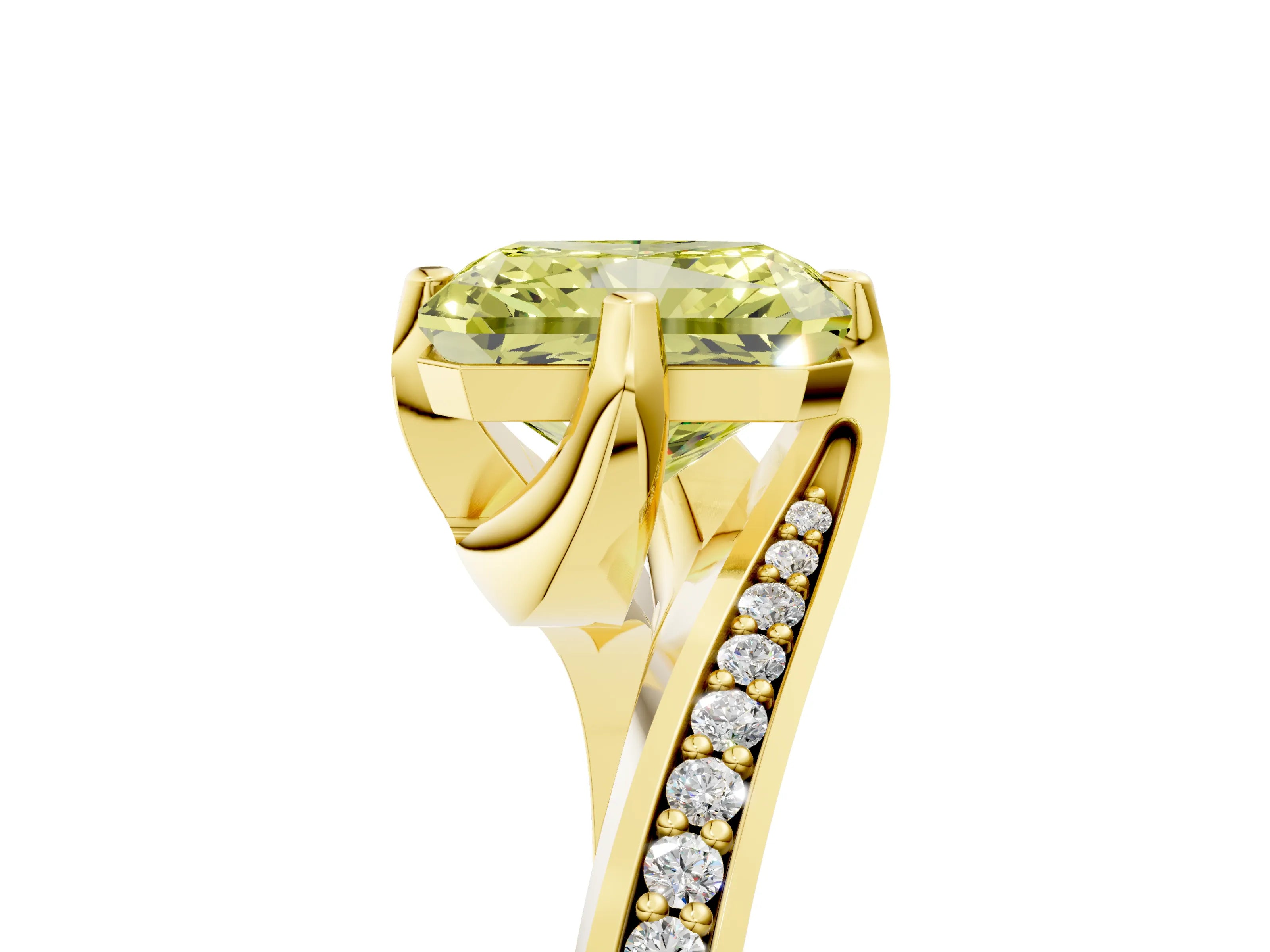 Yellow gold Fancy Yellow Radiant Cut Solitaire Diamond Twist Band with Pavé Setting and Four-Prong Setting_5