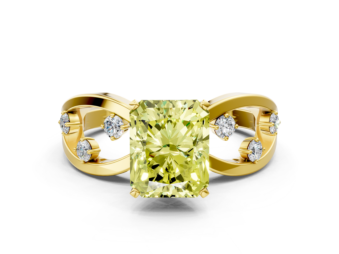 Yellow gold Fancy Yellow Radiant  Cut Solitaire Diamond with Side Stones on Criss-Cross Band and Four-Prong Setting_3