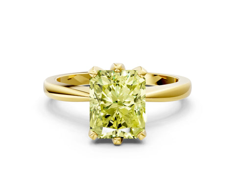 Yellow gold Fancy Yellow Radiant Cut Solitaire Engagement Ring with Six-Prong Setting and Tapered Band