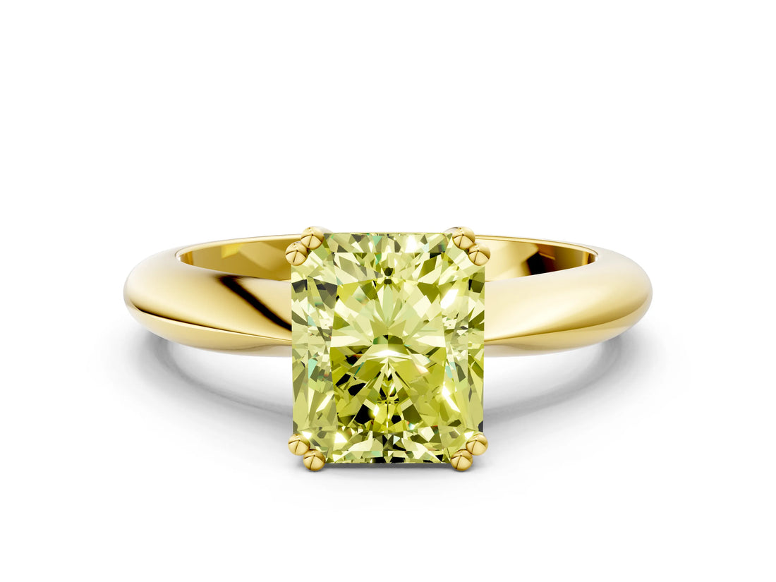 Yellow gold Fancy Yellow Radiant  Cut Solitaire Engagement Ring with Tapered Band and Four-Prong Setting