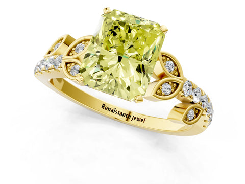 Yellow gold Fancy Yellow Radiant Cut Solitaire Leaf-Inspired Diamond Ring with Pavé Band and Four-Prong Setting_1