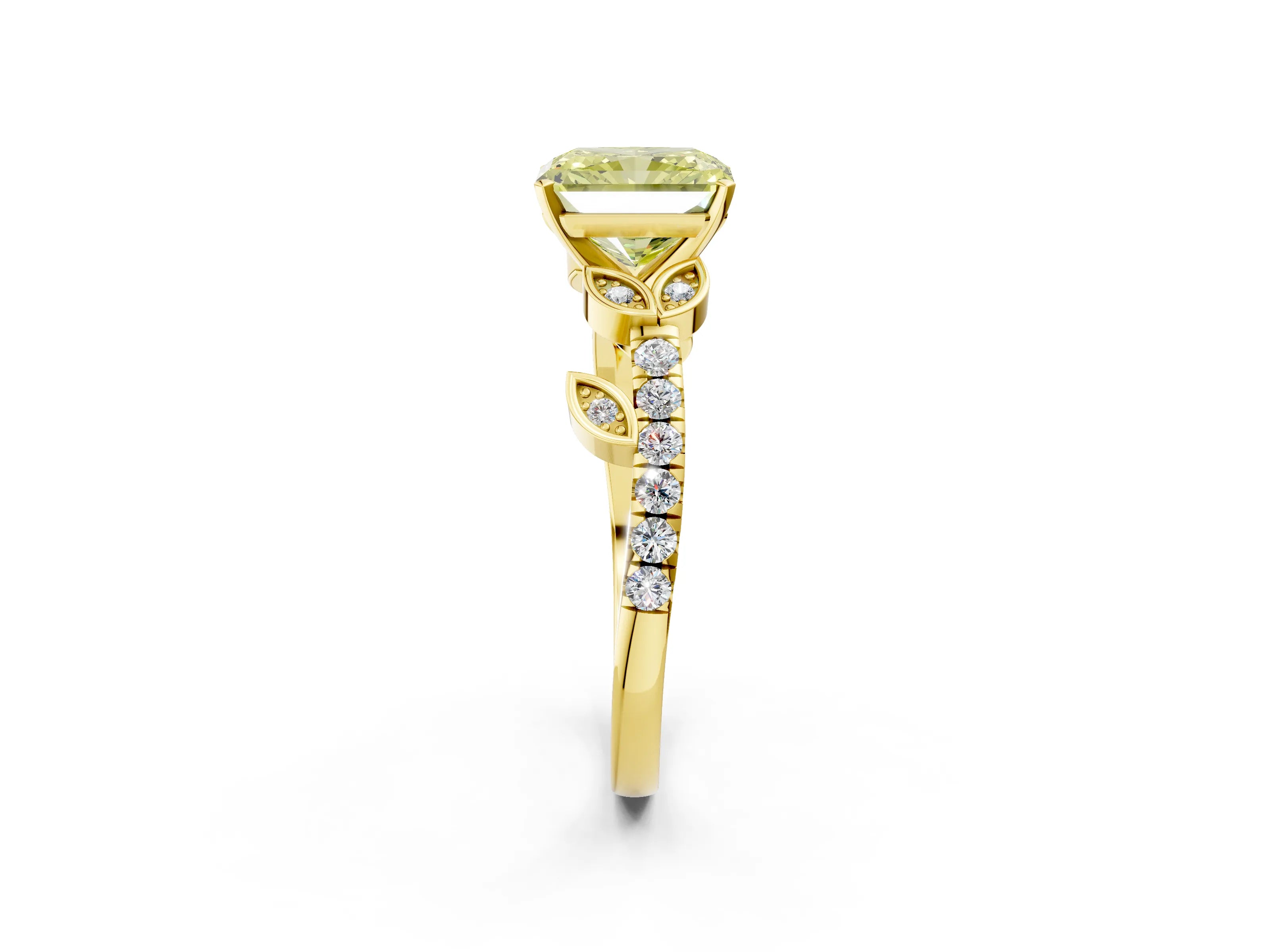 Yellow gold Fancy Yellow Radiant Cut Solitaire Leaf-Inspired Diamond Ring with Pavé Band and Four-Prong Setting_2