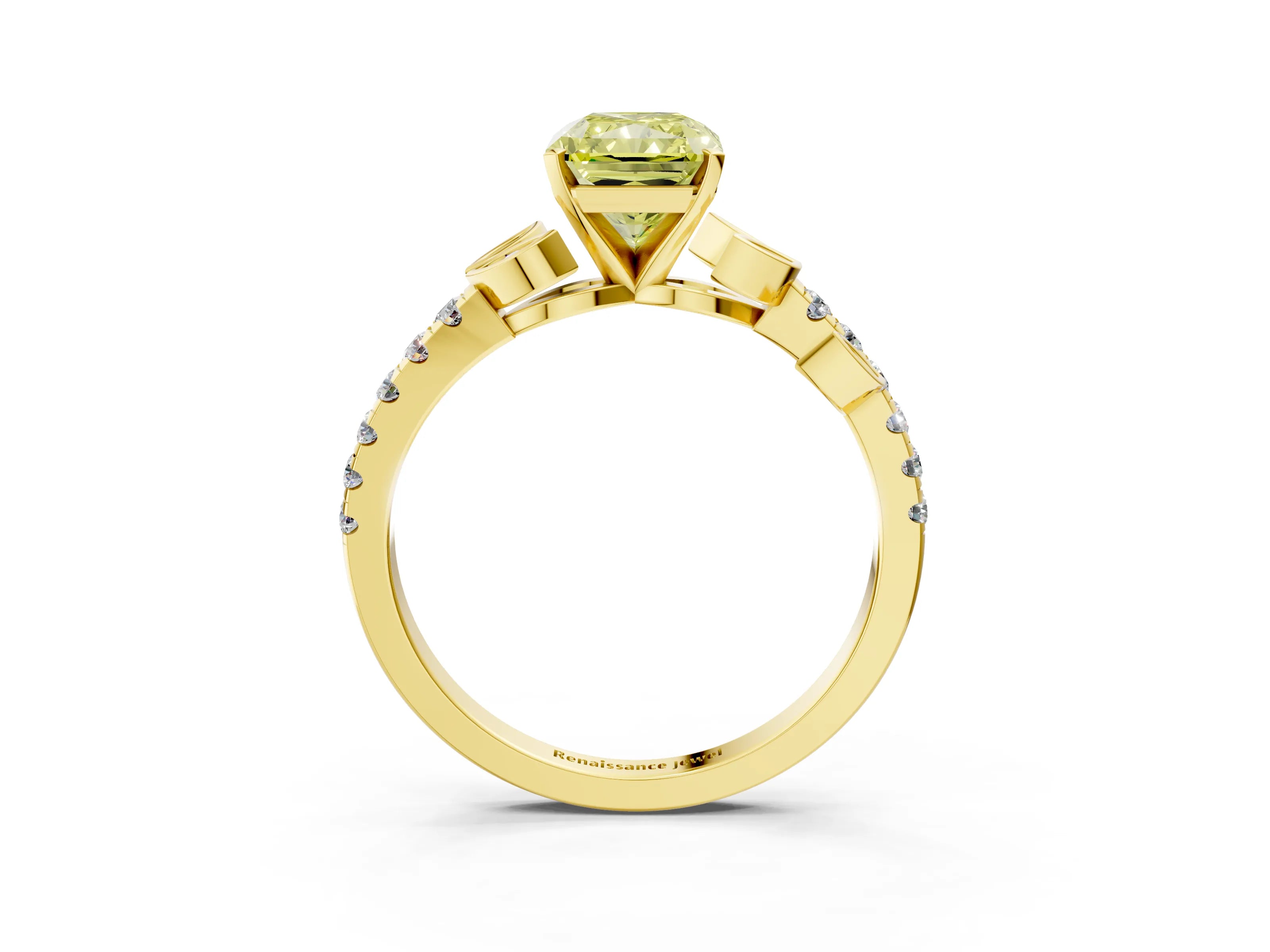 Yellow gold Fancy Yellow Radiant Cut Solitaire Leaf-Inspired Diamond Ring with Pavé Band and Four-Prong Setting_3