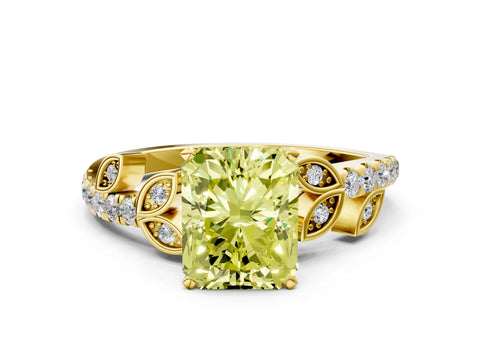 Yellow gold Fancy Yellow Radiant Cut Solitaire Leaf-Inspired Diamond Ring with Pavé Band and Four-Prong Setting
