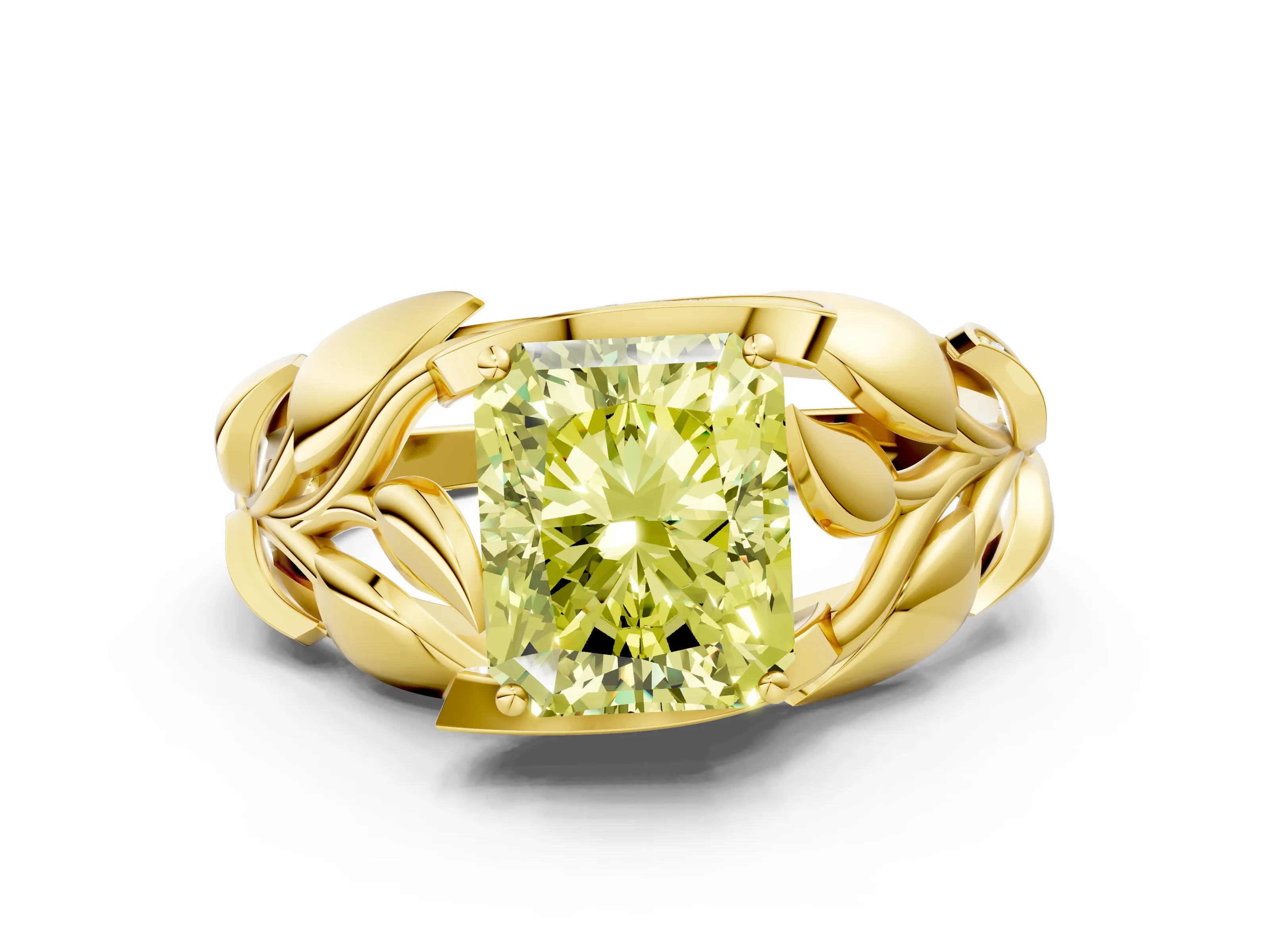Yellow gold Fancy Yellow Radiant Cut Solitaire Leaf-Inspired Engagement Ring with Prong Setting