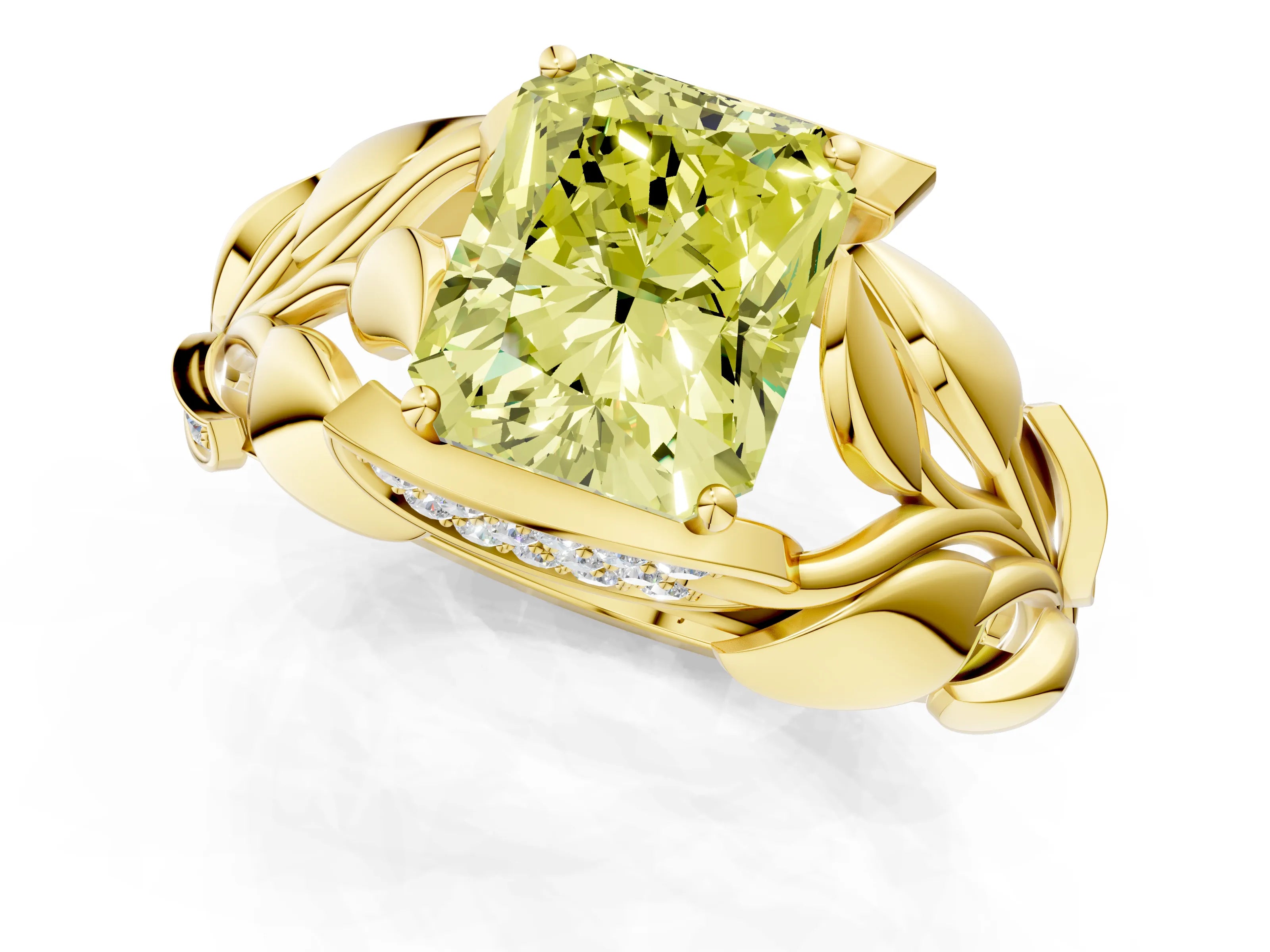 Yellow gold Fancy Yellow Radiant Cut Solitaire Leaf-Inspired Engagement Ring with Prong Setting_1