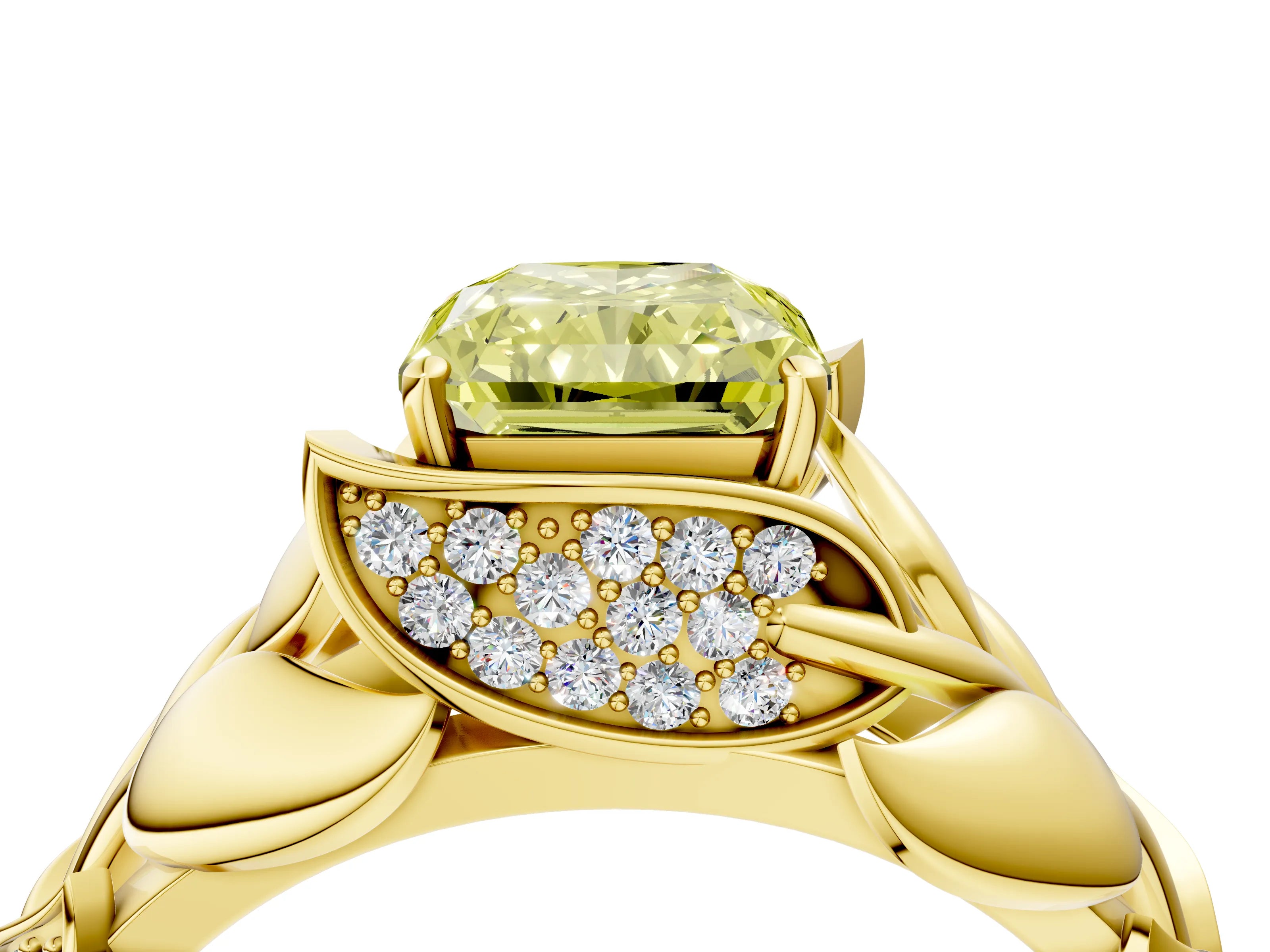 Yellow gold Fancy Yellow Radiant Cut Solitaire Leaf-Inspired Engagement Ring with Prong Setting_4