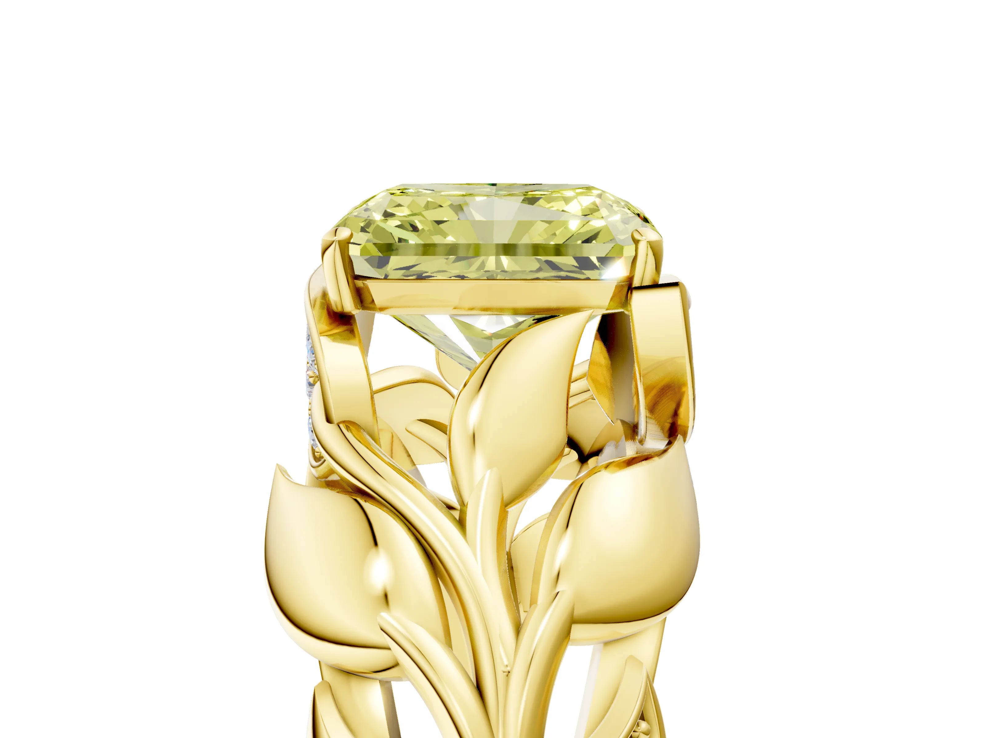 Yellow gold Fancy Yellow Radiant Cut Solitaire Leaf-Inspired Engagement Ring with Prong Setting_5
