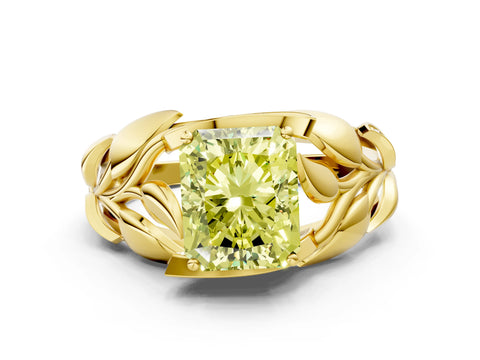 Yellow gold Fancy Yellow Radiant Cut Solitaire Leaf-Inspired Engagement Ring with Prong Setting