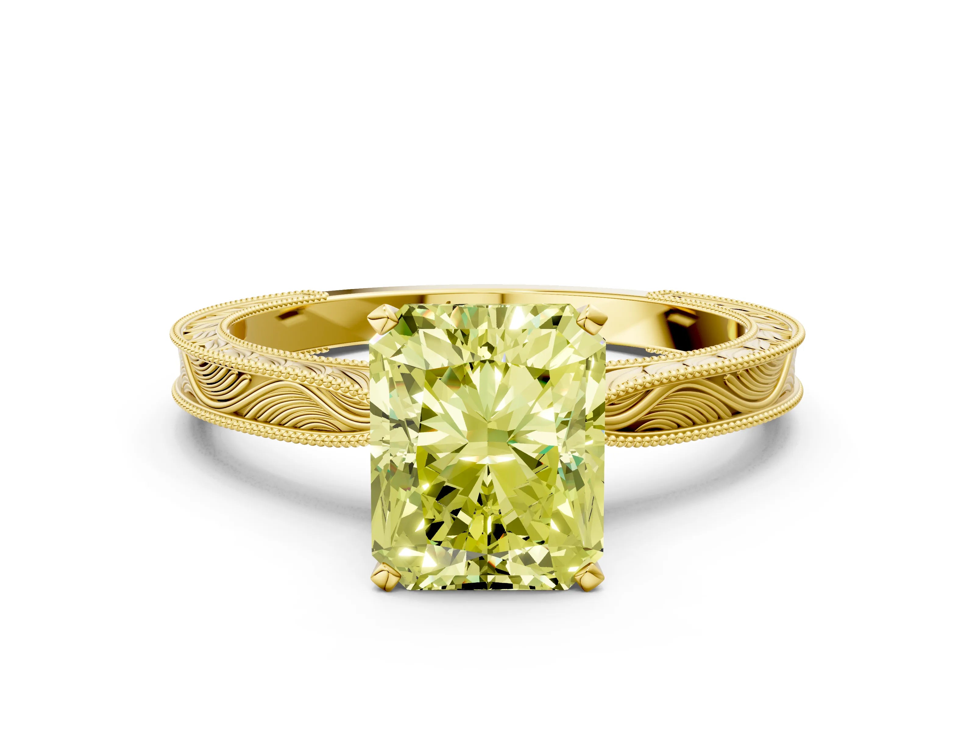 Yellow gold Fancy Yellow Radiant Cut Solitaire Milgrain Engraved Band with Four-Prong Setting