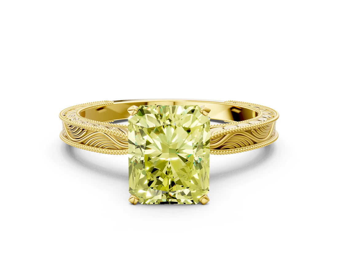 Yellow gold Fancy Yellow Radiant Cut Solitaire Milgrain Engraved Band with Four-Prong Setting