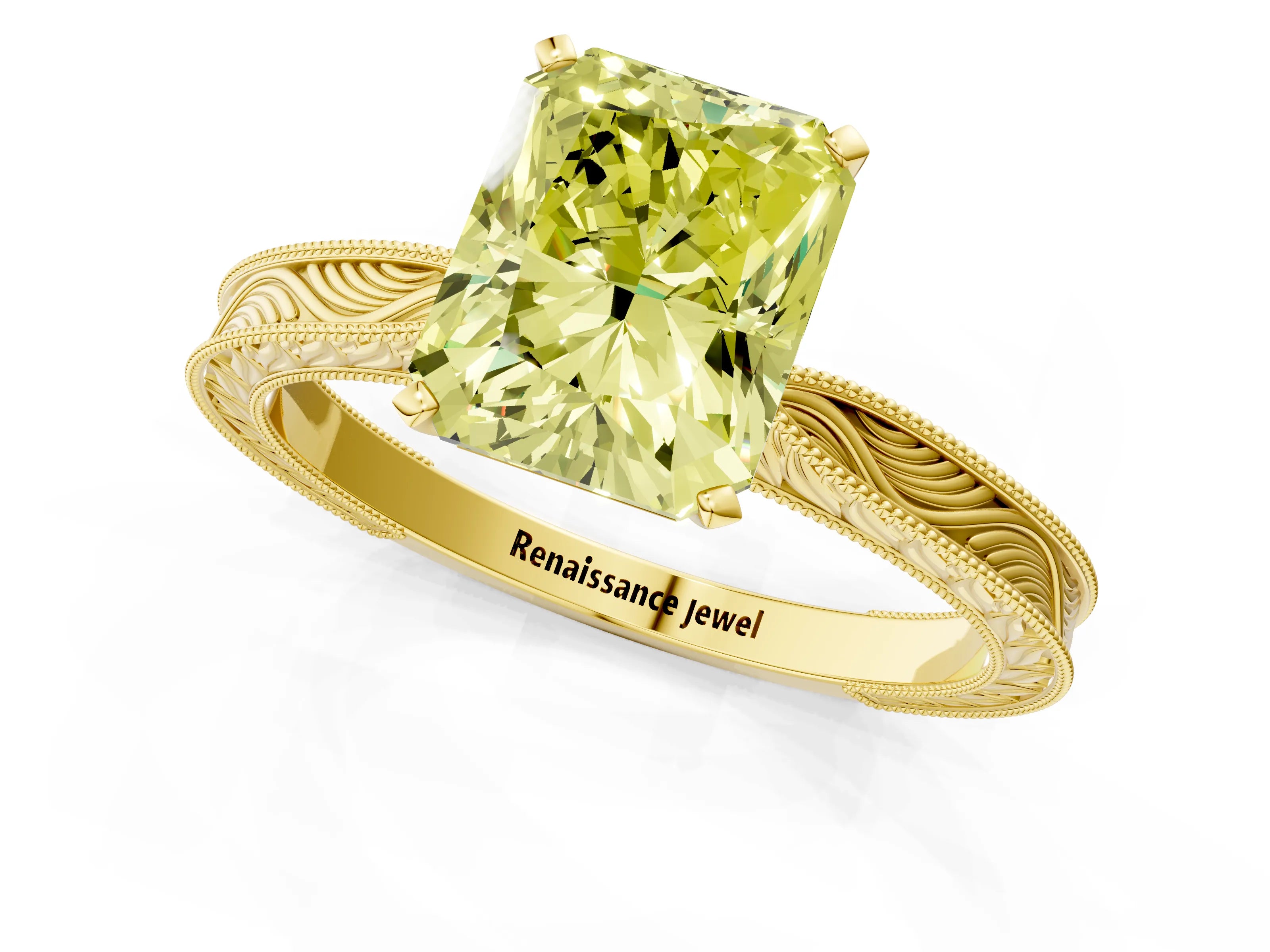Yellow gold Fancy Yellow Radiant Cut Solitaire Milgrain Engraved Band with Four-Prong Setting_1