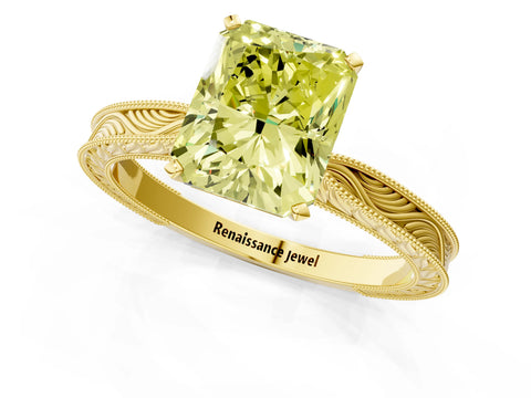 Yellow gold Fancy Yellow Radiant Cut Solitaire Milgrain Engraved Band with Four-Prong Setting_1
