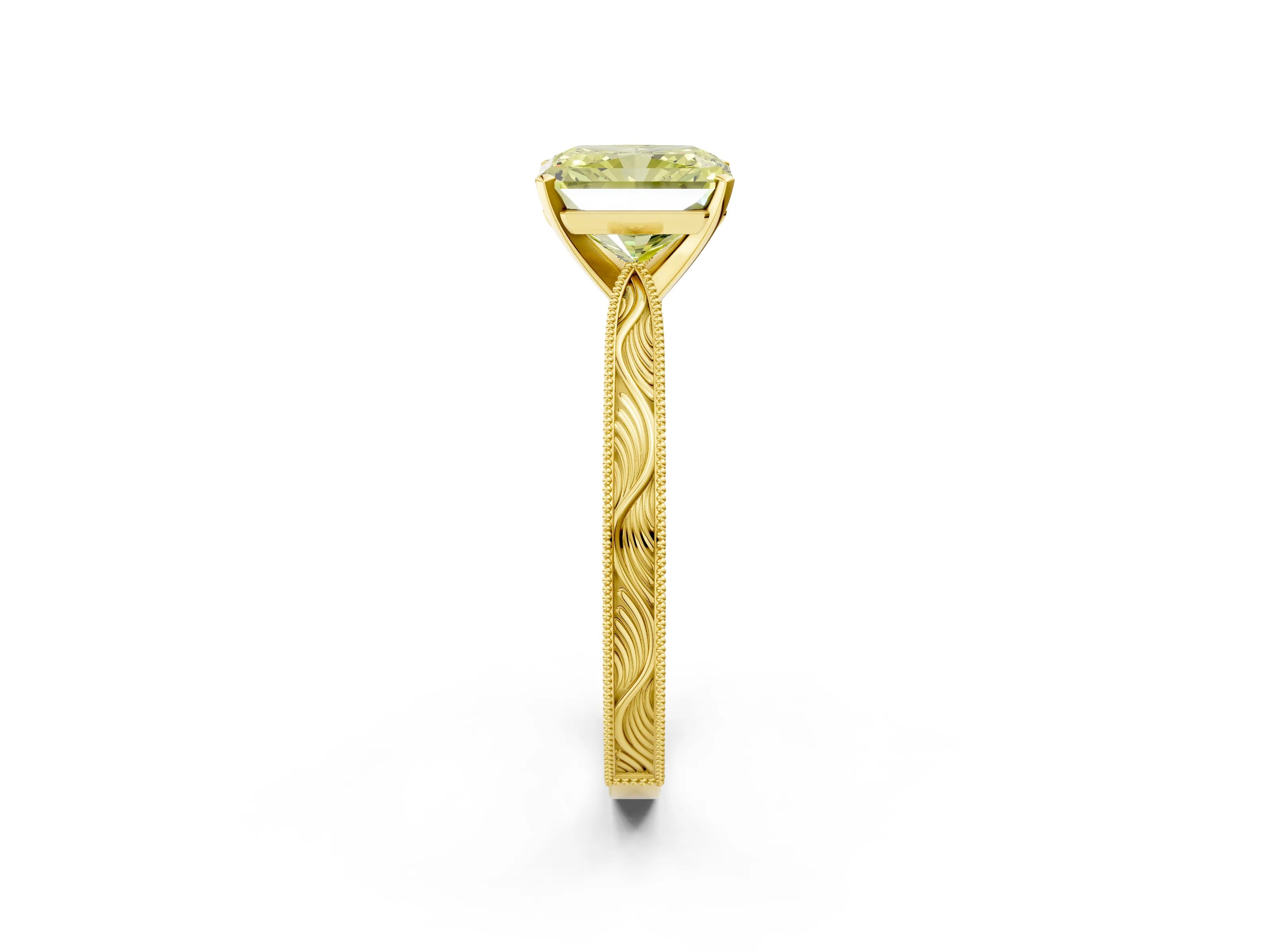 Yellow gold Fancy Yellow Radiant Cut Solitaire Milgrain Engraved Band with Four-Prong Setting_2