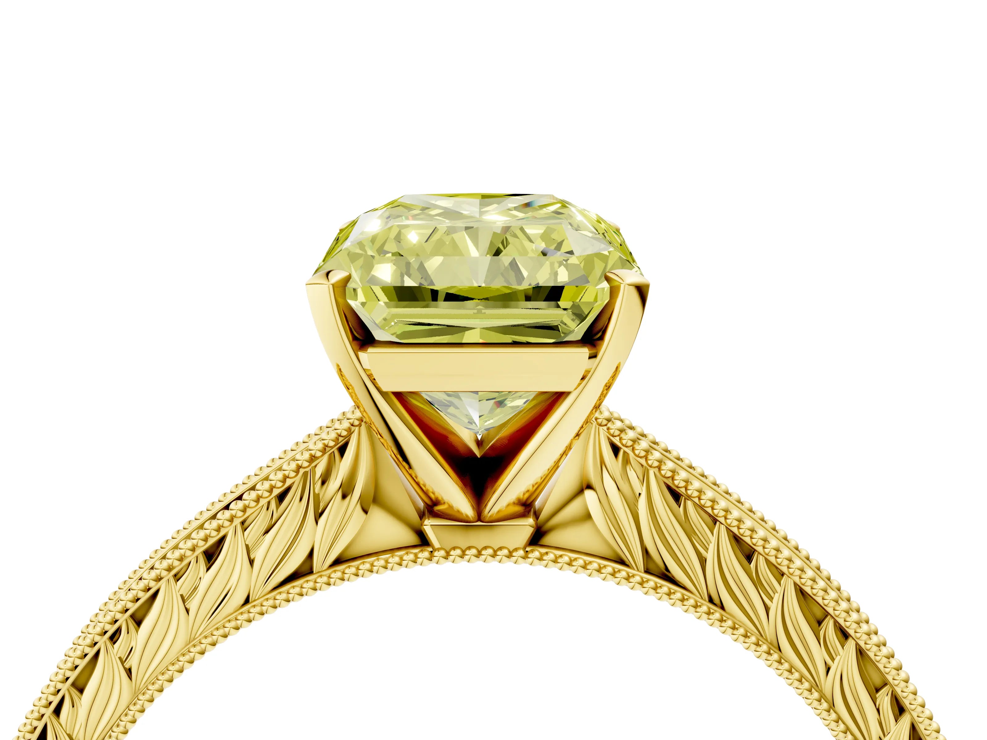 Yellow gold Fancy Yellow Radiant Cut Solitaire Milgrain Engraved Band with Four-Prong Setting_4