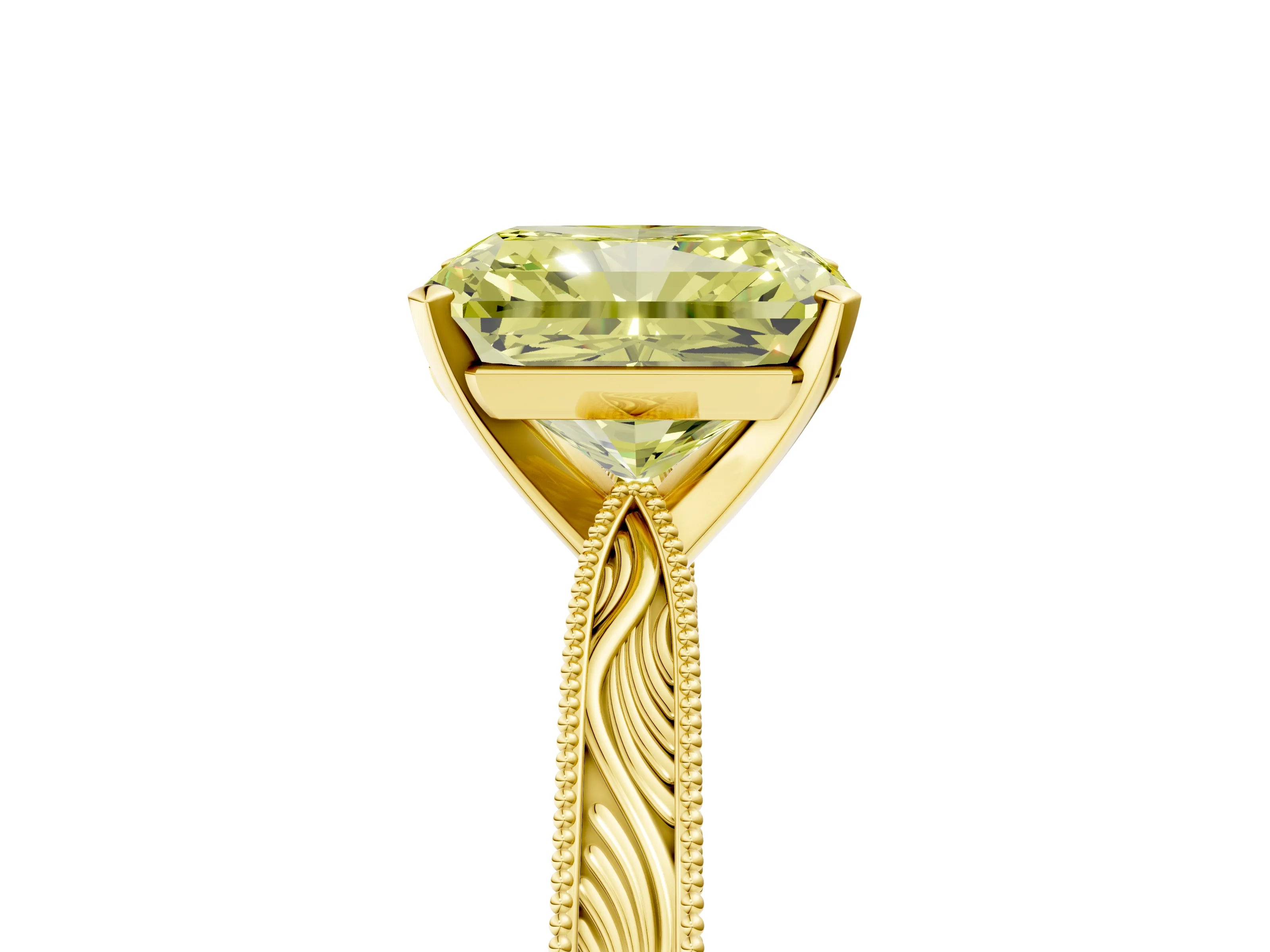 Yellow gold Fancy Yellow Radiant Cut Solitaire Milgrain Engraved Band with Four-Prong Setting_5