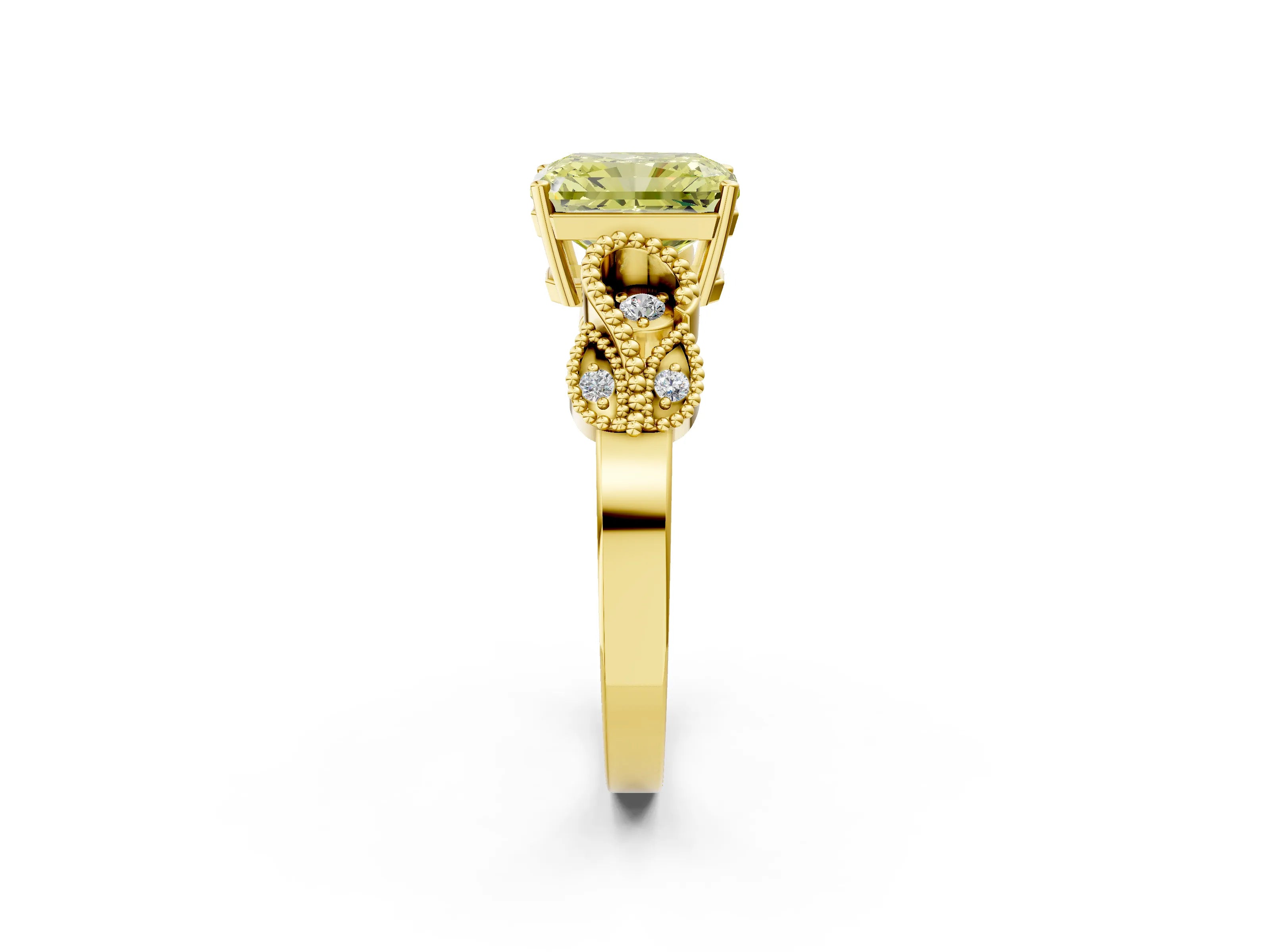 Yellow gold Fancy Yellow Radiant Cut Solitaire Milgrain Leaf Band with Prong Setting_2