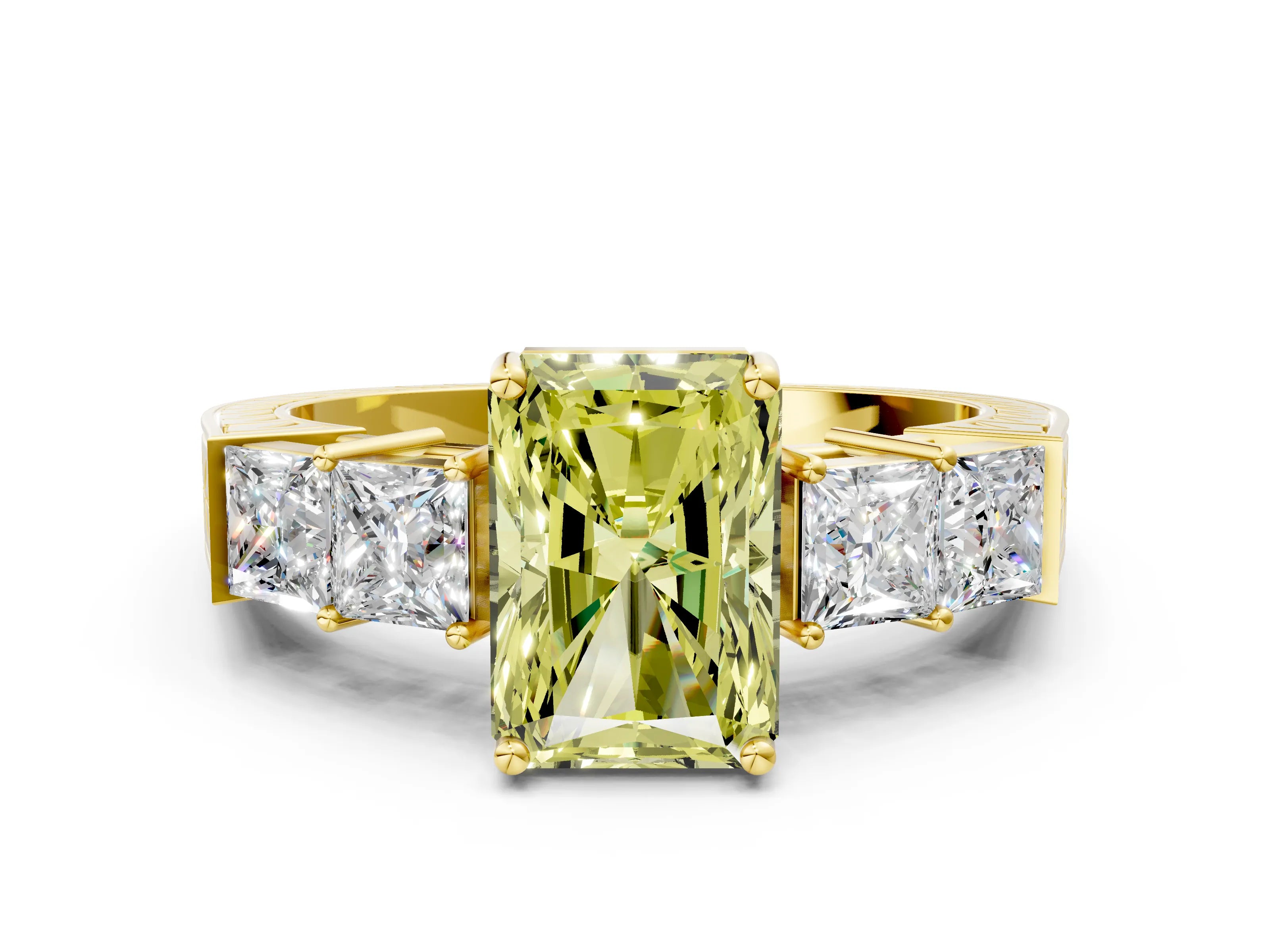Yellow gold Fancy Yellow Radiant Cut Solitaire Princess Side Stone Engraved Band Prong Setting Ring