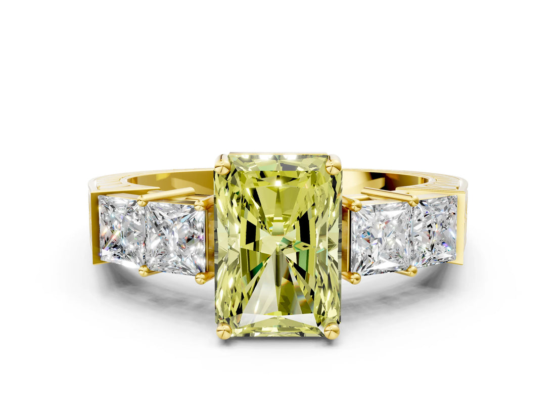 Yellow gold Fancy Yellow Radiant Cut Solitaire Princess Side Stone Engraved Band Prong Setting Ring
