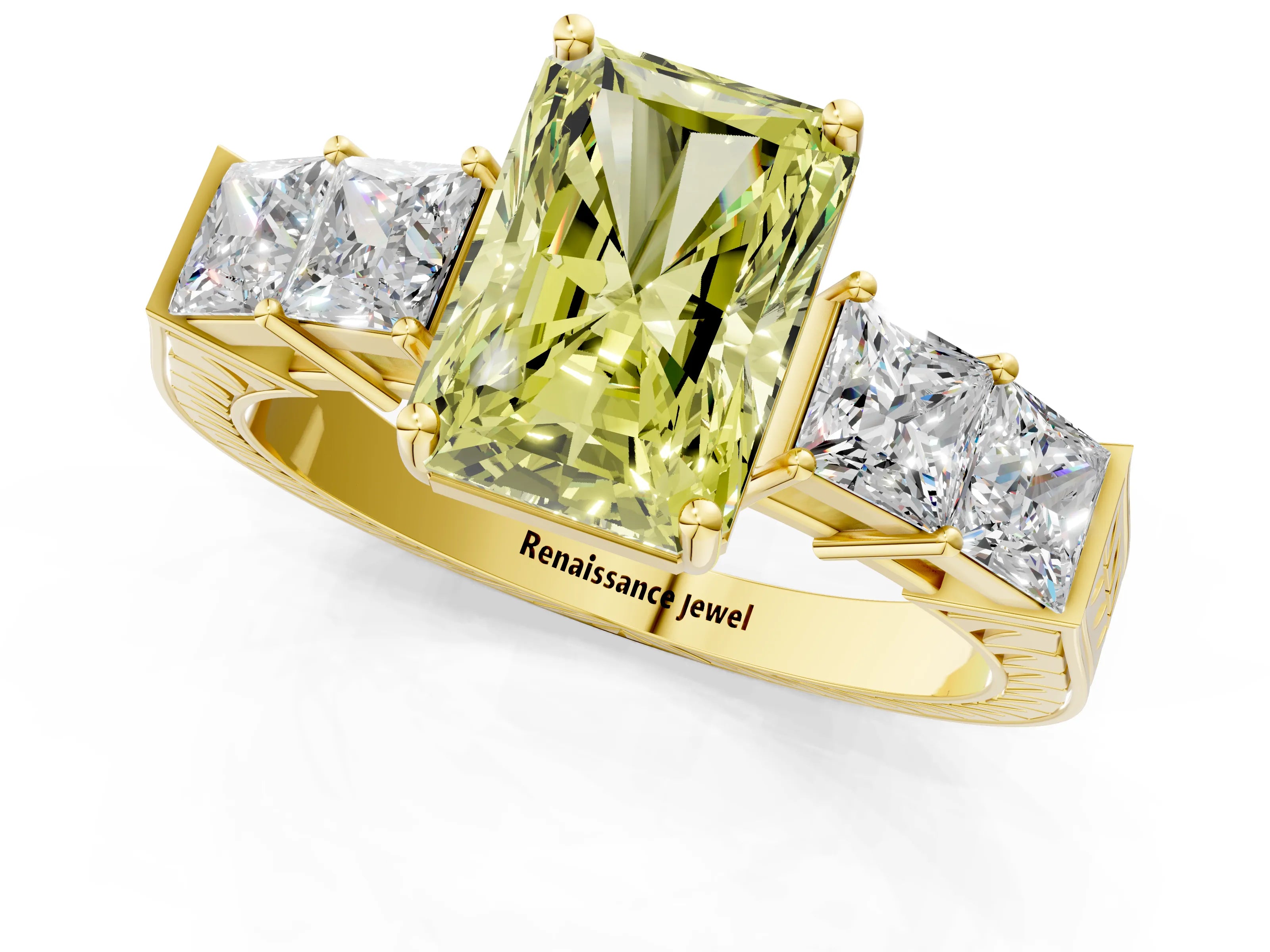 Yellow gold Fancy Yellow Radiant Cut Solitaire Princess Side Stone Engraved Band Prong Setting Ring_1