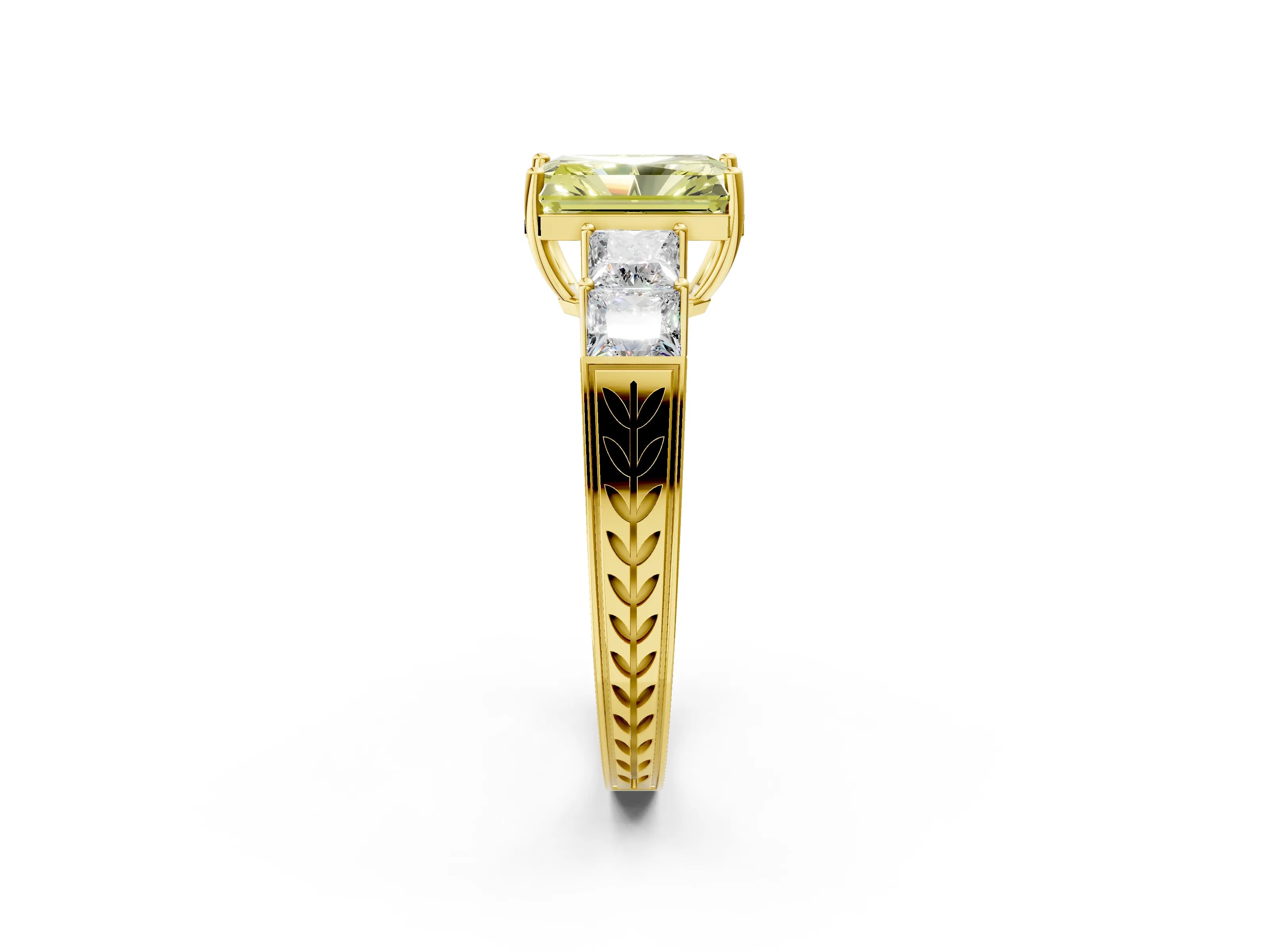Yellow gold Fancy Yellow Radiant Cut Solitaire Princess Side Stone Engraved Band Prong Setting Ring_2