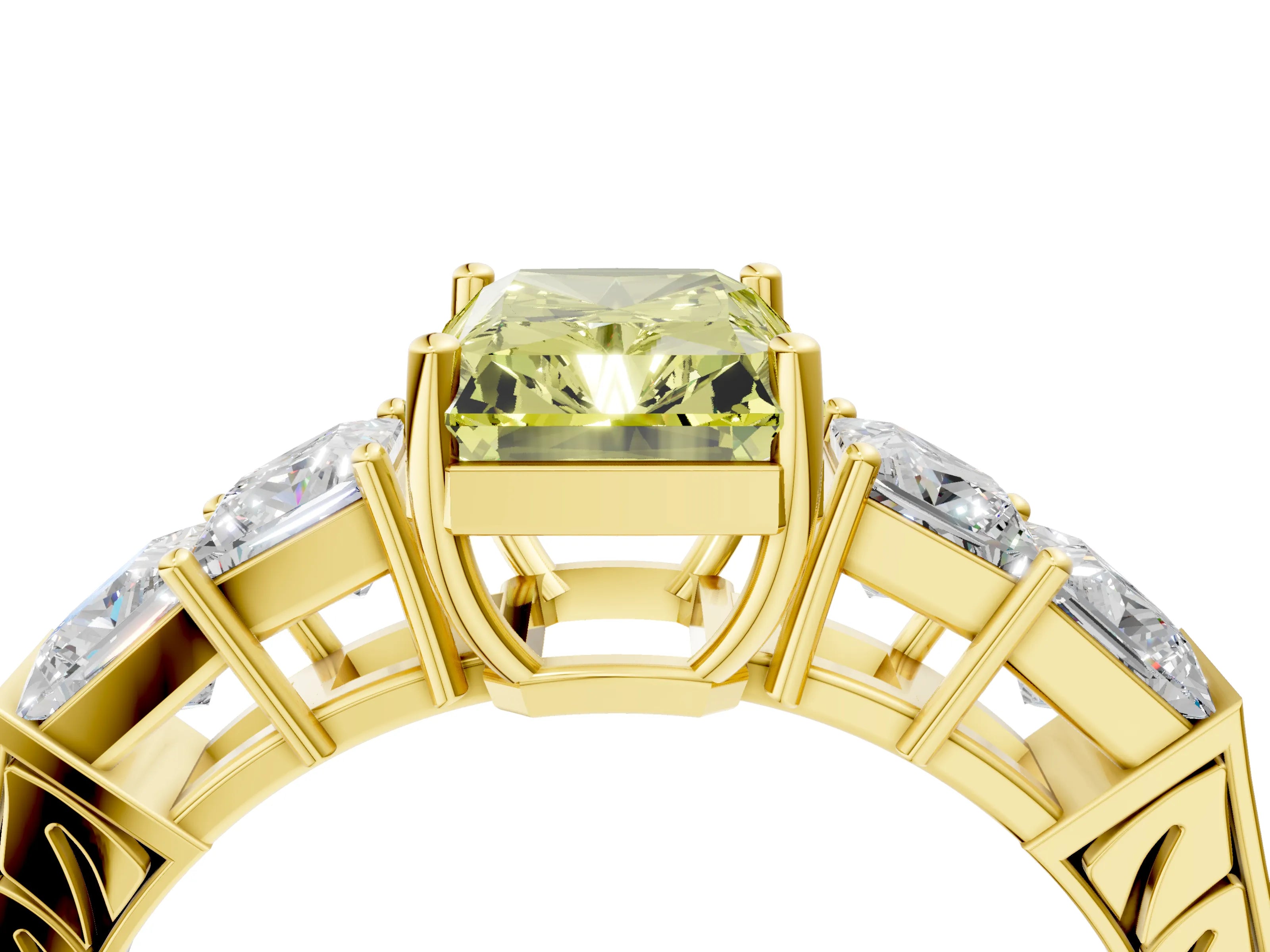 Yellow gold Fancy Yellow Radiant Cut Solitaire Princess Side Stone Engraved Band Prong Setting Ring_4