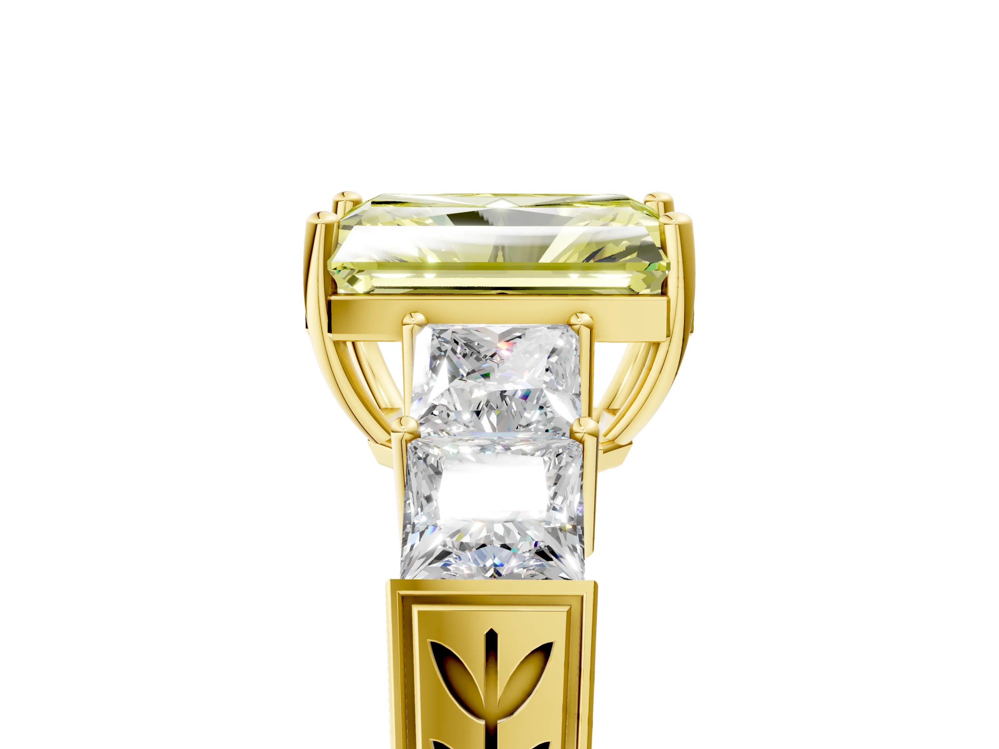 Yellow gold Fancy Yellow Radiant Cut Solitaire Princess Side Stone Engraved Band Prong Setting Ring_5