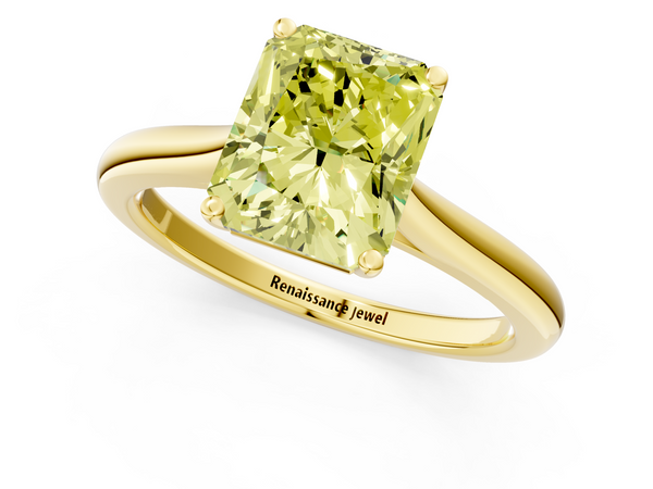 Yellow gold Fancy Yellow Radiant  Cut Solitaire Ring with Cathedral Band and Four-Prong Setting