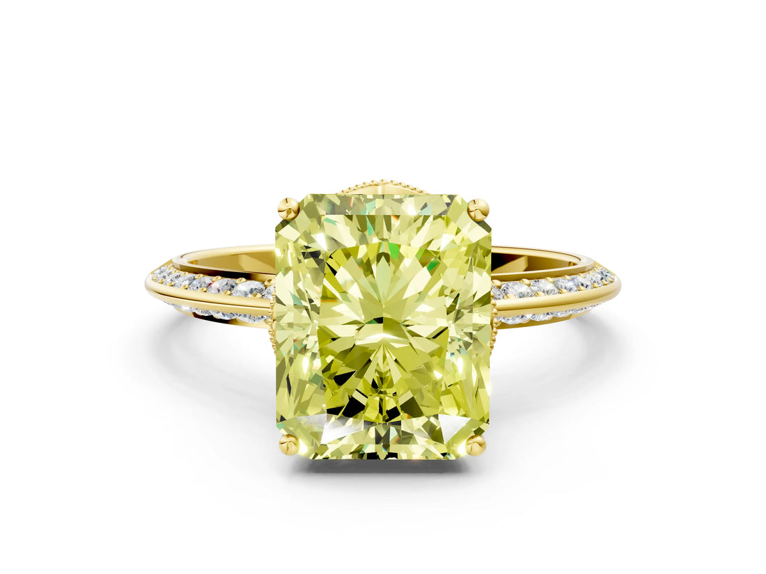 Yellow gold Fancy Yellow Radiant Cut Solitaire Split Shank Pave Diamond Engagement Ring with Four-Prong Setting_48