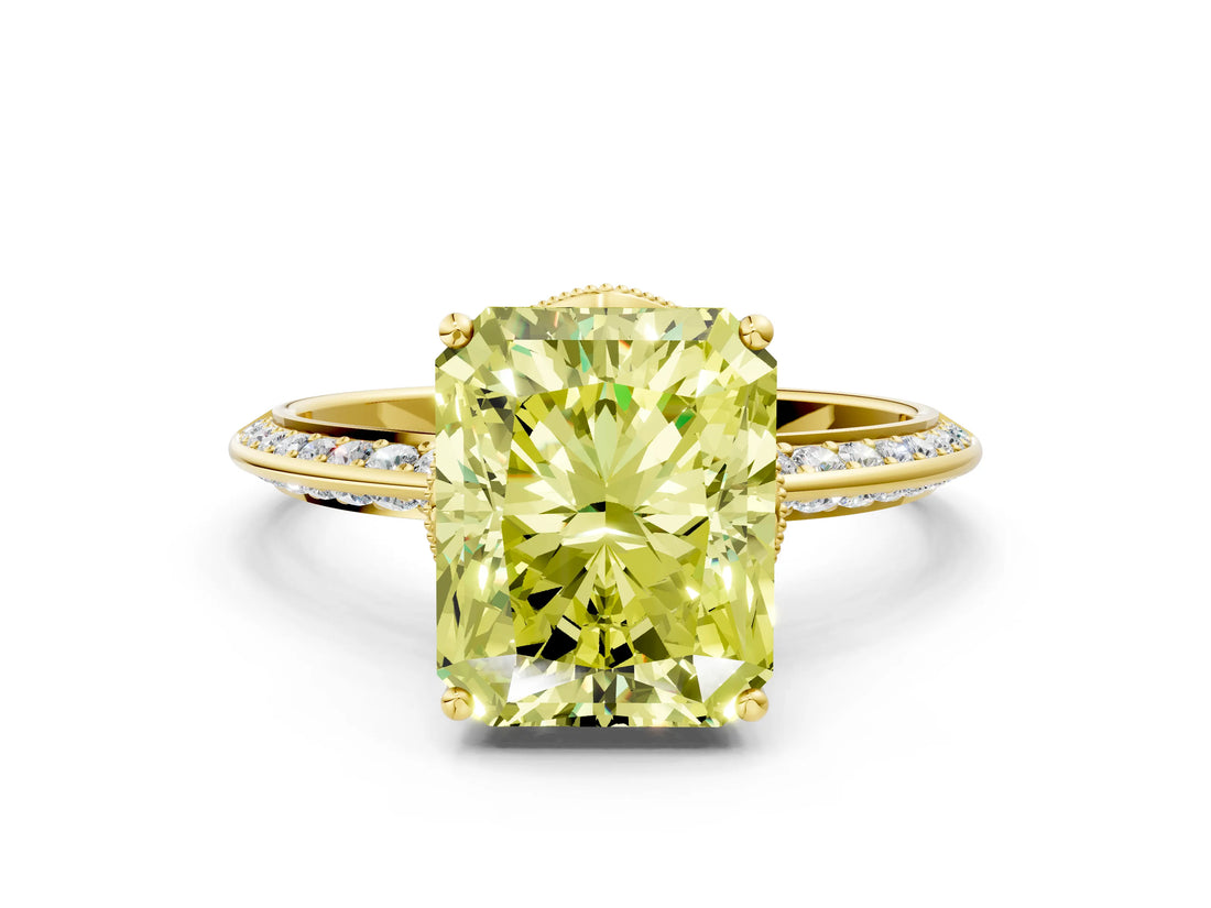 Yellow gold Fancy Yellow Radiant Cut Solitaire Split Shank Pave Diamond Engagement Ring with Four-Prong Setting_72