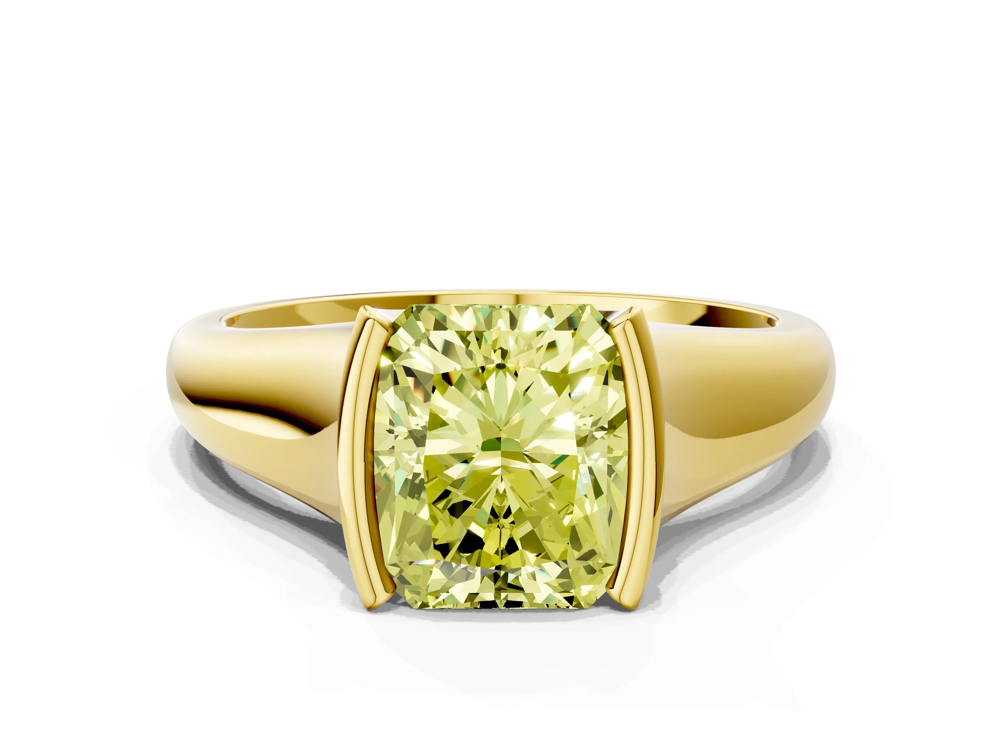 Yellow gold Fancy Yellow Radiant Cut Solitaire Tension Set Diamond Ring with Split Shank Band
