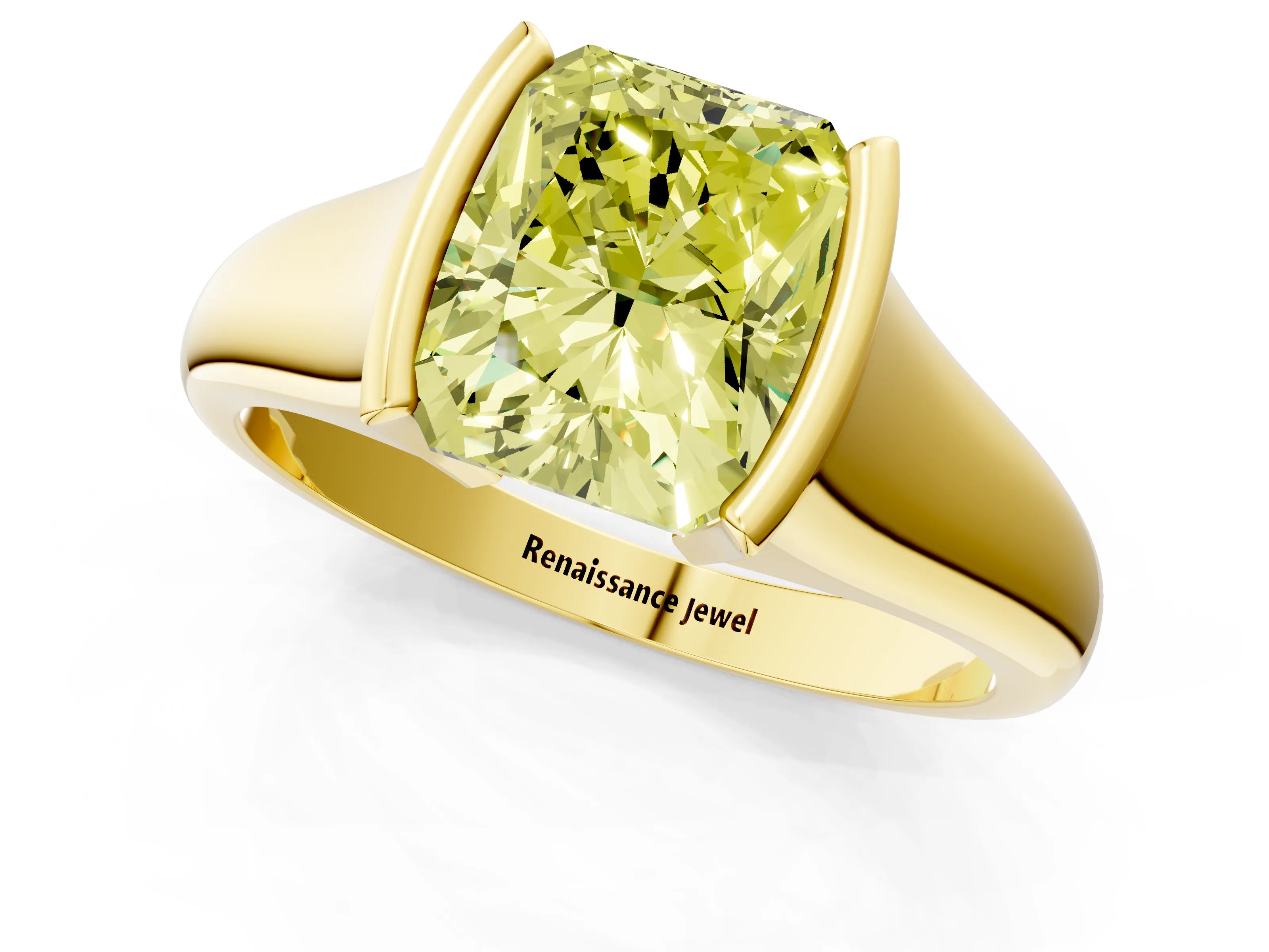 Yellow gold Fancy Yellow Radiant Cut Solitaire Tension Set Diamond Ring with Split Shank Band_1