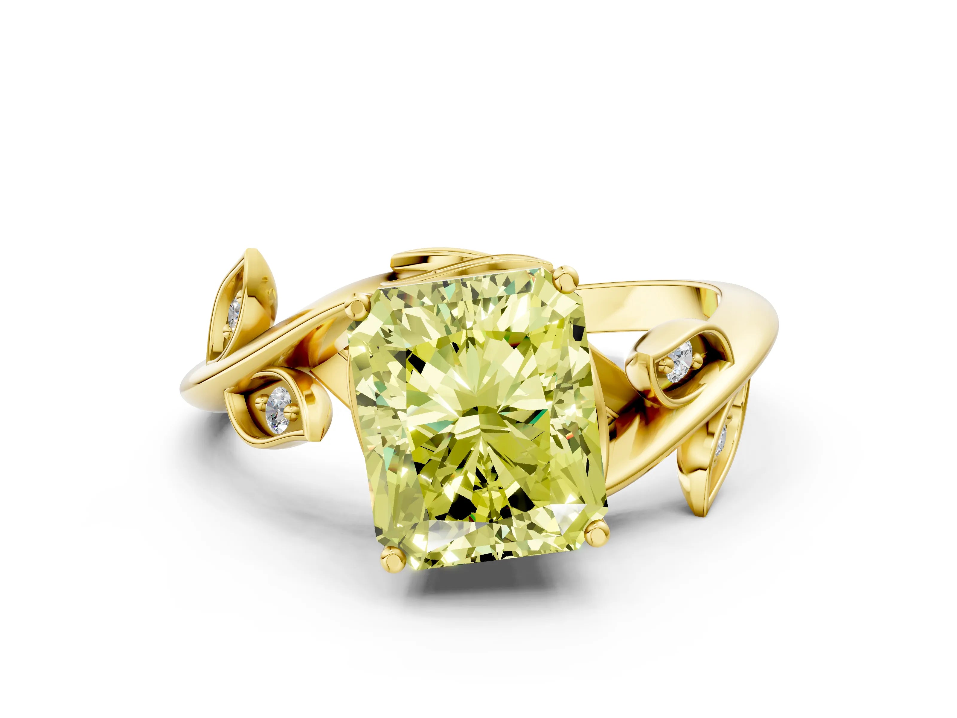 Yellow gold Fancy Yellow Radiant Cut Solitaire Twist Engagement Ring with Leaf Accents and Prong Setting