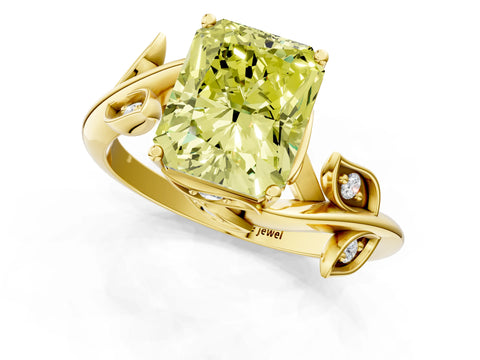 Yellow gold Fancy Yellow Radiant Cut Solitaire Twist Engagement Ring with Leaf Accents and Prong Setting_13