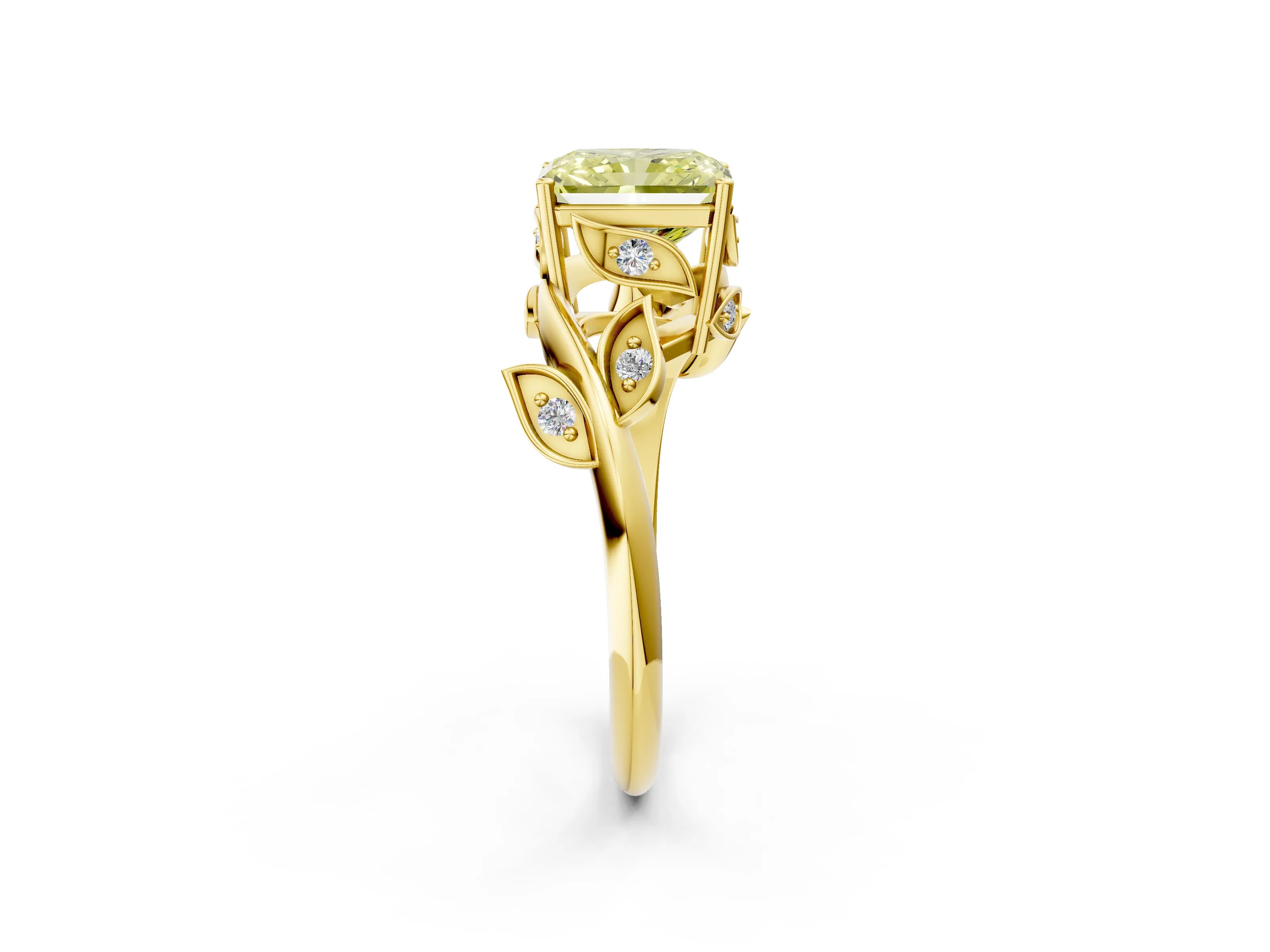 Yellow gold Fancy Yellow Radiant Cut Solitaire Twist Engagement Ring with Leaf Accents and Prong Setting_14