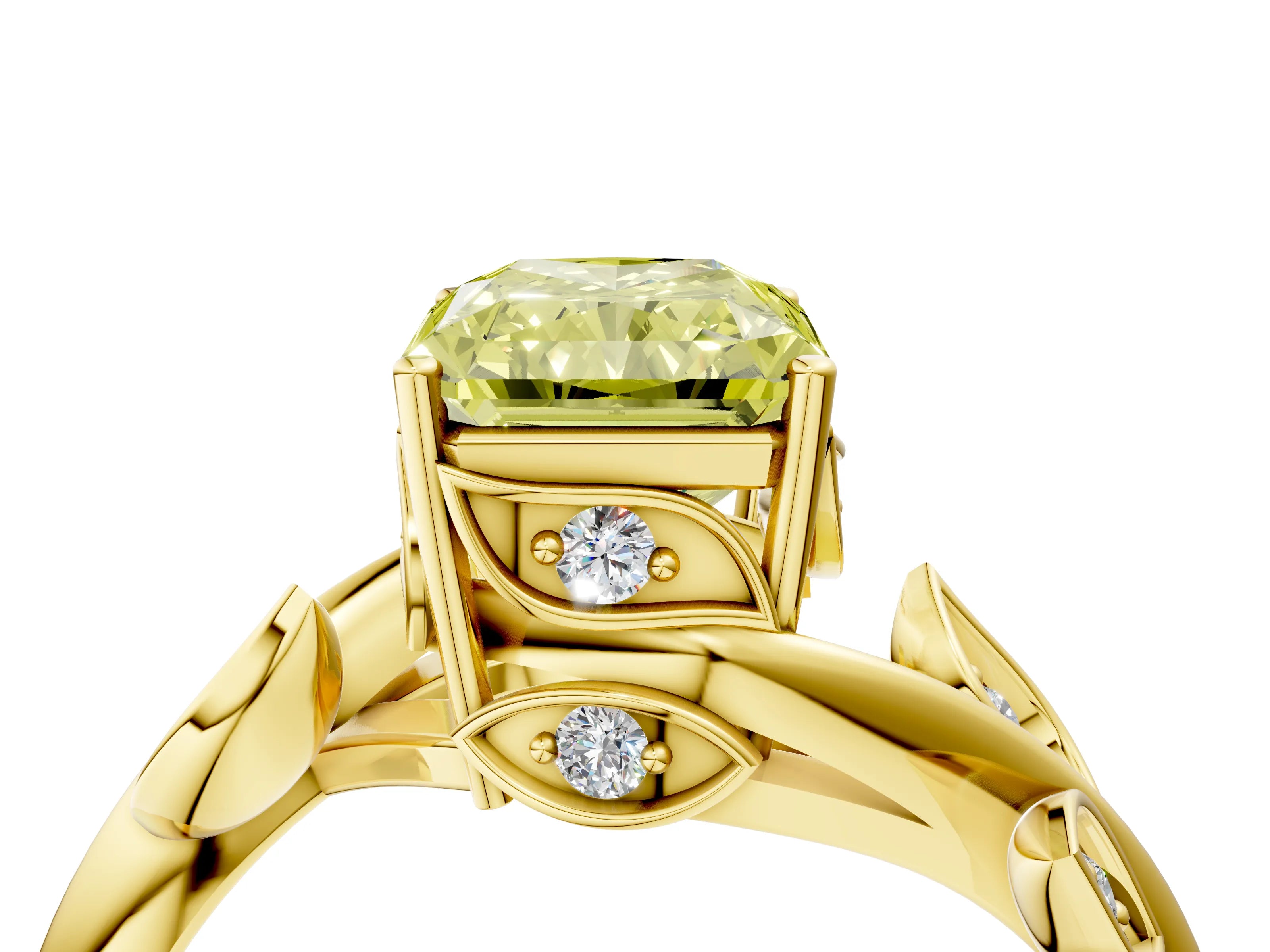 Yellow gold Fancy Yellow Radiant Cut Solitaire Twist Engagement Ring with Leaf Accents and Prong Setting_16