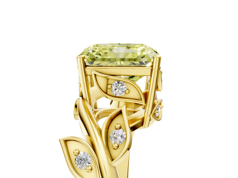 Yellow gold Fancy Yellow Radiant Cut Solitaire Twist Engagement Ring with Leaf Accents and Prong Setting_17