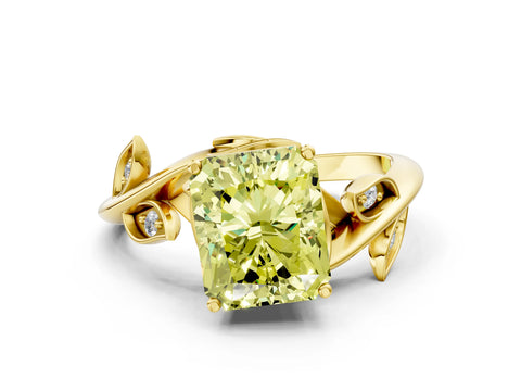 Yellow gold Fancy Yellow Radiant Cut Solitaire Twist Engagement Ring with Leaf Accents and Prong Setting_18