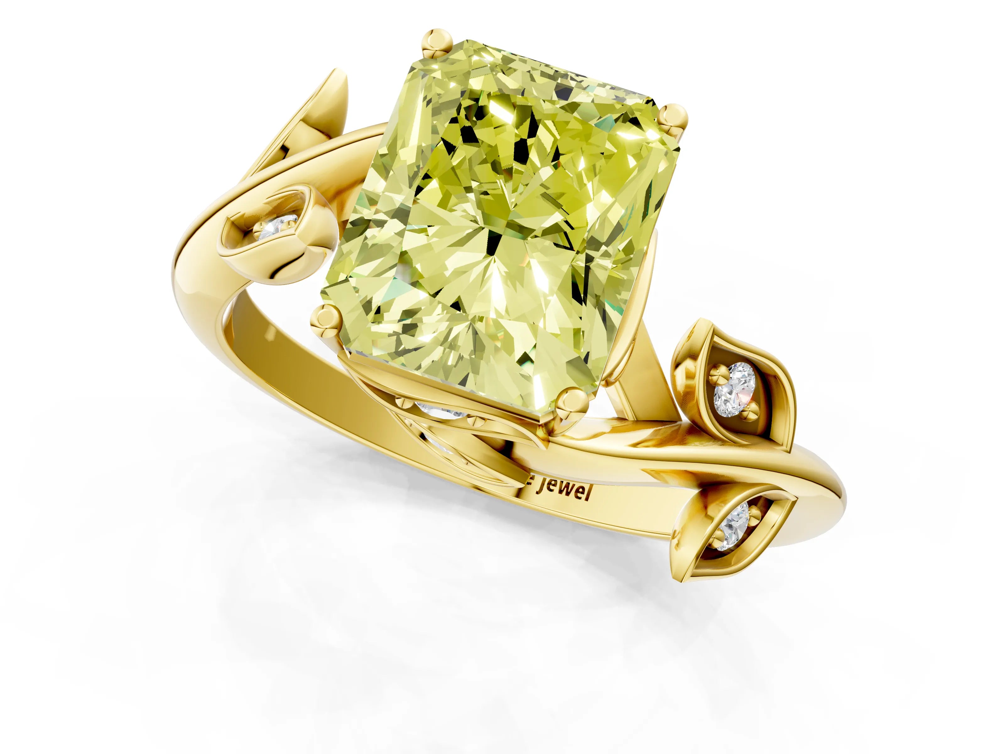 Yellow gold Fancy Yellow Radiant Cut Solitaire Twist Engagement Ring with Leaf Accents and Prong Setting_19