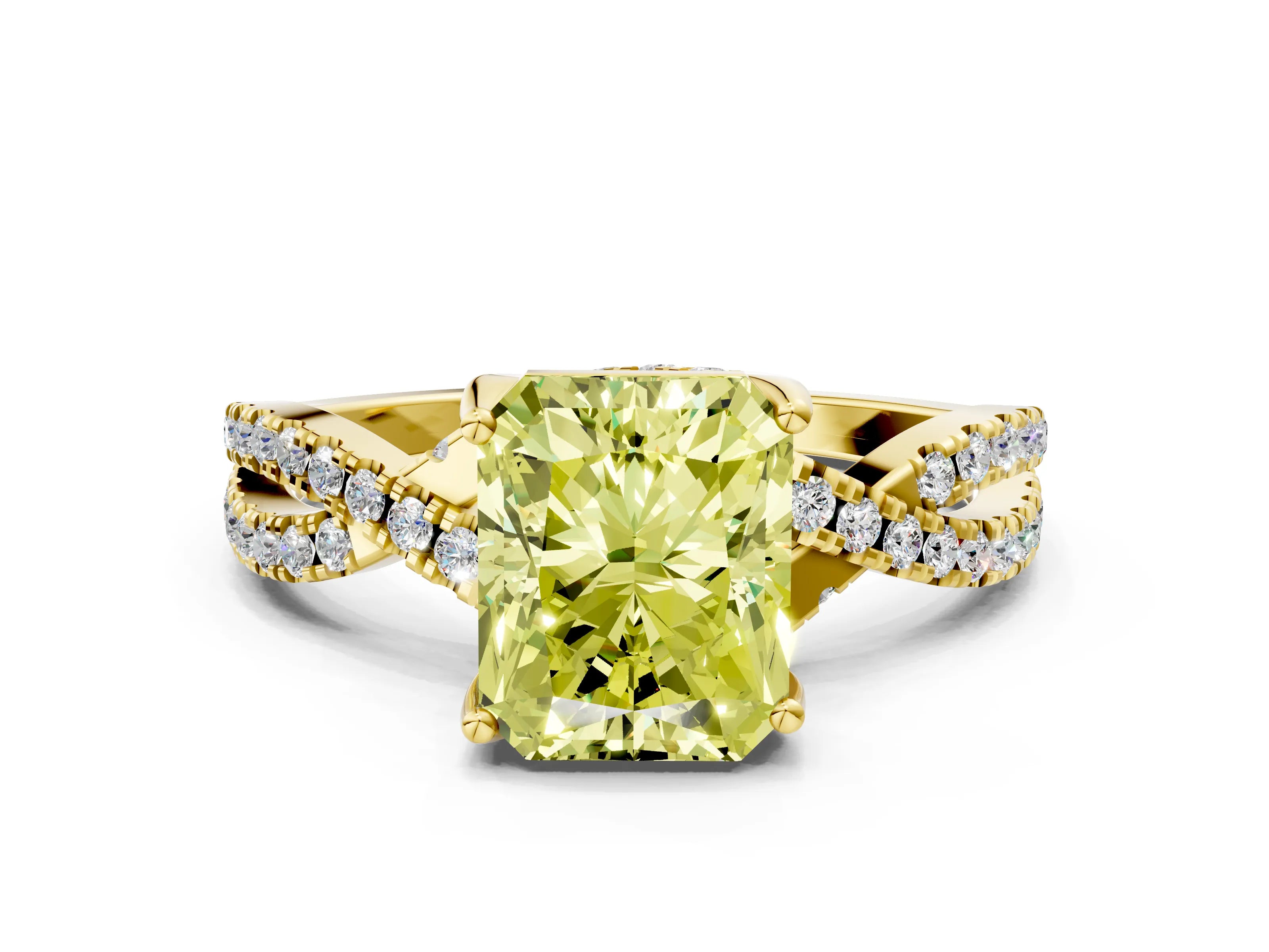 Yellow gold Fancy Yellow Radiant Cut Solitaire Twist Pave Diamond Engagement Ring with Prong Setting