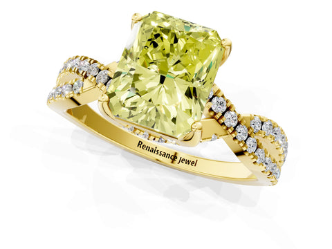 Yellow gold Fancy Yellow Radiant Cut Solitaire Twist Pave Diamond Engagement Ring with Prong Setting_1