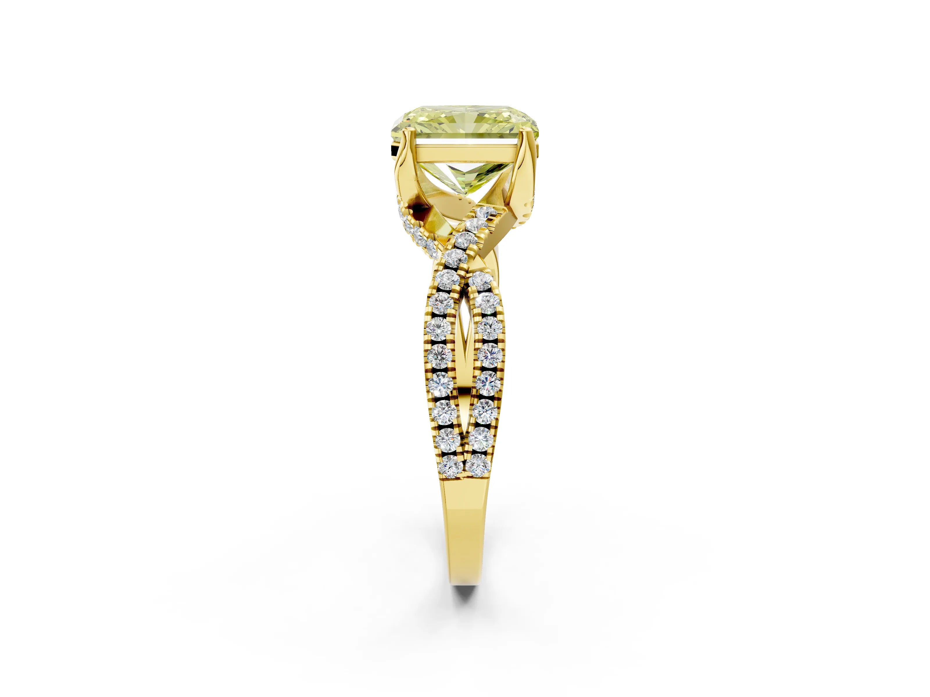 Yellow gold Fancy Yellow Radiant Cut Solitaire Twist Pave Diamond Engagement Ring with Prong Setting_2