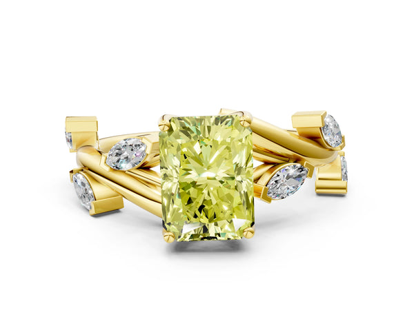 Yellow gold Fancy Yellow Radiant Cut Solitaire Twisted Band Marquise Accent Prong Setting Ring