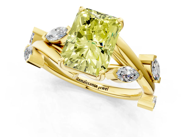 Yellow gold Fancy Yellow Radiant Cut Solitaire Twisted Band Marquise Accent Prong Setting Ring